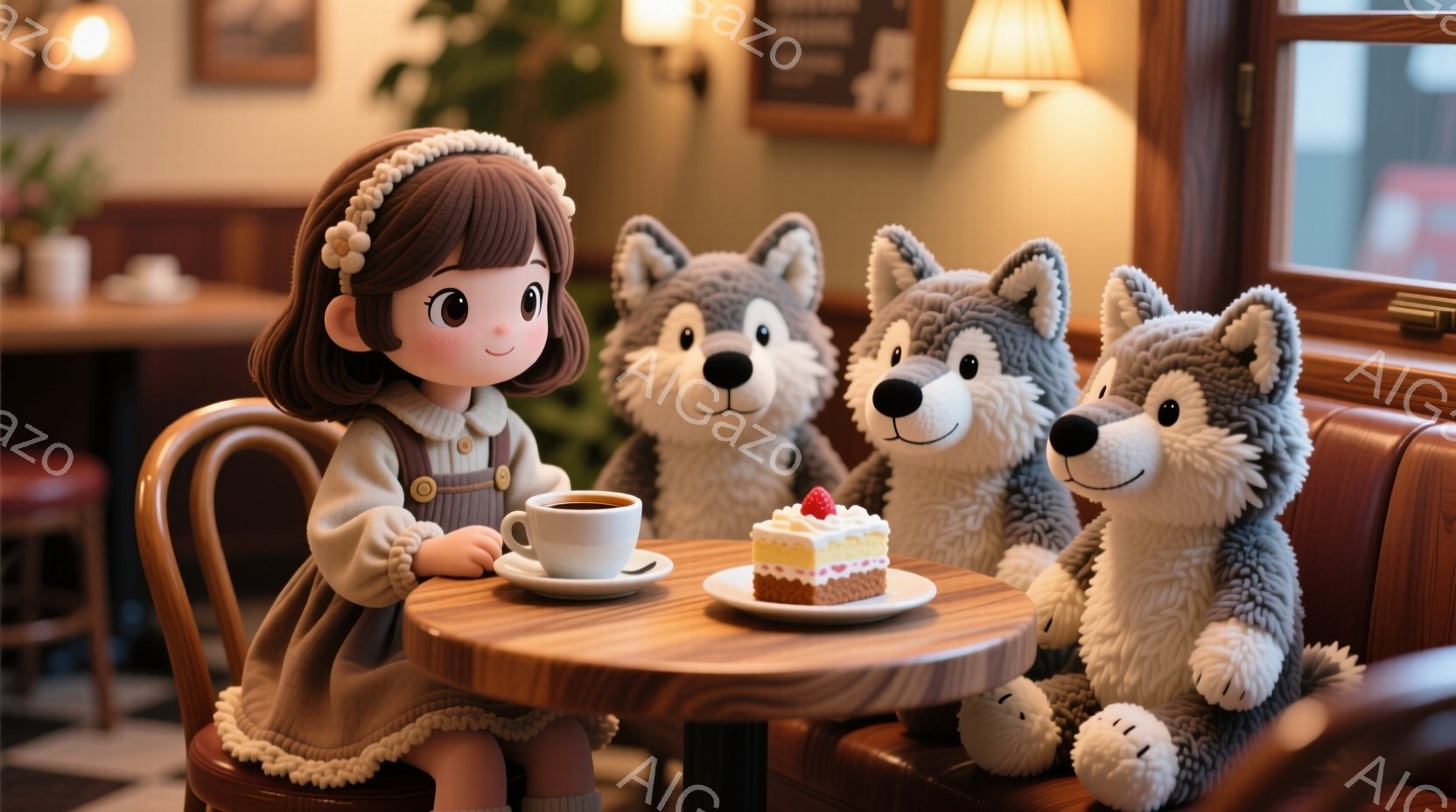 茶色の髪を三つ編みにした幼い女の子が、カフェのテーブル席に座っています。彼女はクリーム色のニットワンピースを着ており、テーブルの上にはコーヒーと小さなケーキが置かれています。背景には、ふわふわの毛並みを持つ3匹の狼のぬいぐるみと、カフェの装飾、そして窓の外のぼやけた風景が見えます。