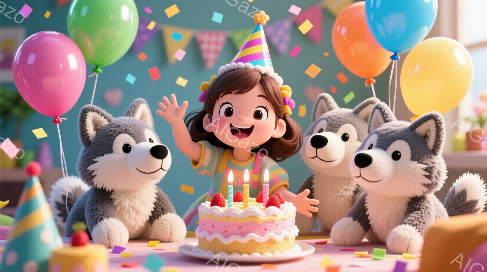 茶色の巻き毛の女の子が、頭に誕生日帽子をかぶり、ピンク色のクリームとベリーが飾られたケーキの前で手を上げて喜んでいます。左右にはふわふわのハスキー犬が座っており、背景にはカラフルな風船とガーランドが飾られています。全体的に明るく、お祝いの雰囲気が漂う、誕生日の楽しいシーンです。