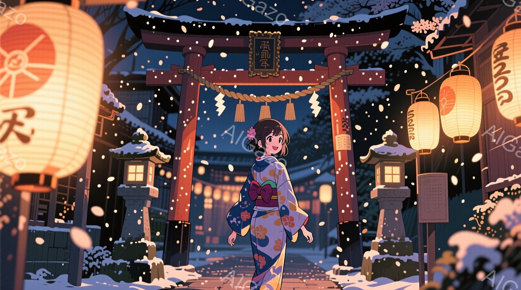 雪が降る中、和服を着た若い女性が石灯籠が並ぶ通りを歩いている。彼女は明るい笑顔で、肩に花飾りをつけ、足元には伝統的な日本の靴を履いている。背景には、提灯が灯る木造建築が並び、冬の静かで幻想的な雰囲気を - AI生成フリー素材