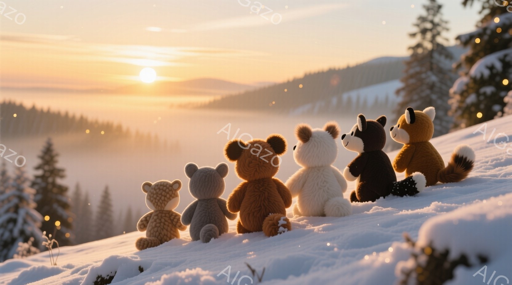 雪に覆われた丘の上に、様々な色のテディベアたちが横並びに座っている。彼らは皆後ろを向いており、オレンジとピンクが混ざり合った夕焼けと、霧に包まれた山々を眺めているように見える。全体的に暖かく、穏やかな - AI生成フリー素材
