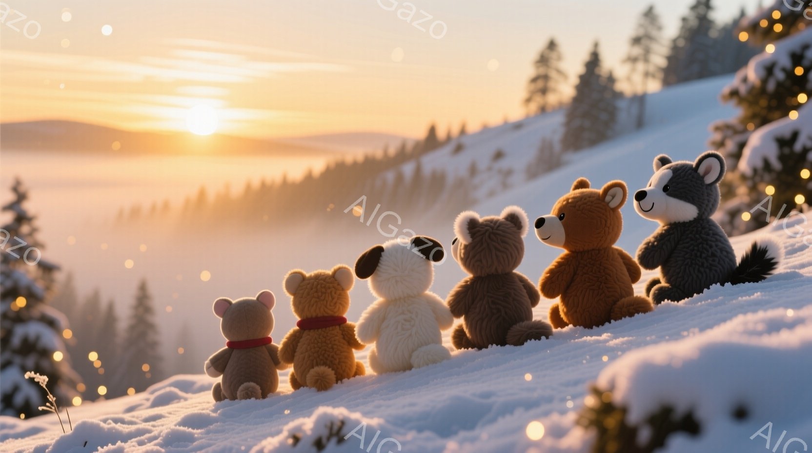 雪に覆われた丘に、様々な色のテディベアたちが一列に座って夕日を眺めている。彼らはそれぞれ異なる毛並みと色をしており、穏やかで平和な雰囲気を醸し出している。背景には、針葉樹の森が広がり、夕焼け空が美しいグラデーションを描いている。