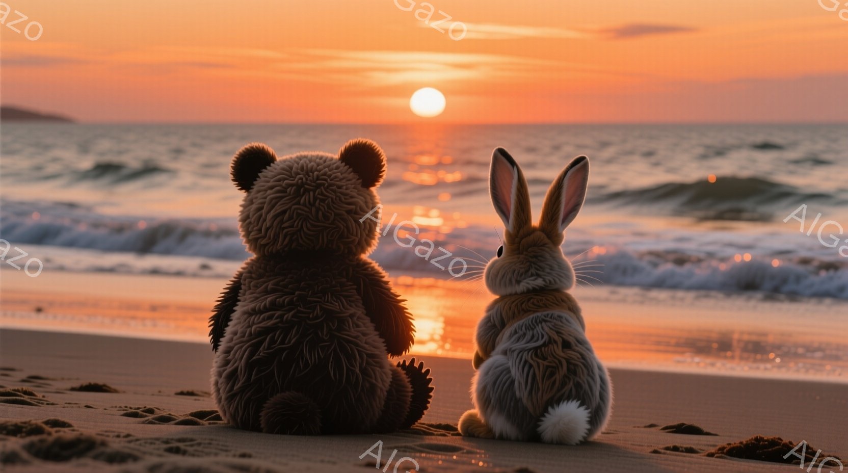 砂浜にテディベアとウサギが並んで座っており、後ろ姿が見える。背景には夕焼けが広がり、オレンジ色と赤色のグラデーションが海面を照らし、穏やかな波が打ち寄せている。全体的に暖かく、平和でノスタルジックな雰 - AI生成フリー素材