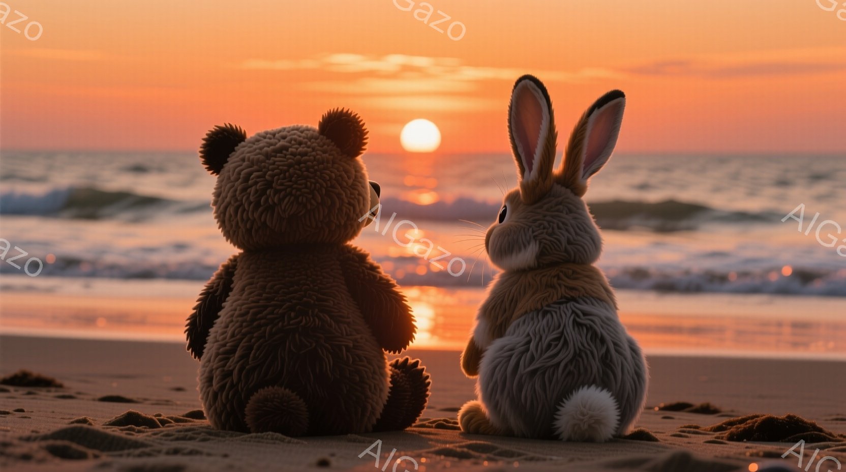 砂浜に座っているテディベアとウサギのぬいぐるみです。夕焼けの海を背景に、二匹は同じ方向を向いて座っており、穏やかで温かい雰囲気を醸し出しています。空はオレンジと赤のグラデーションで、海面には夕日の光が - AI生成フリー素材