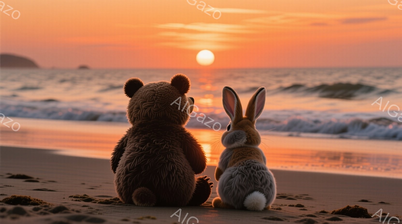 砂浜にテディベアとウサギのぬいぐるみのおもちゃが並んで座っており、背中は観客に向いています。夕焼けが海に反射し、空をオレンジと赤の色合いで染めており、暖かく穏やかな雰囲気が漂っています。波は穏やかに打 - AI生成フリー素材