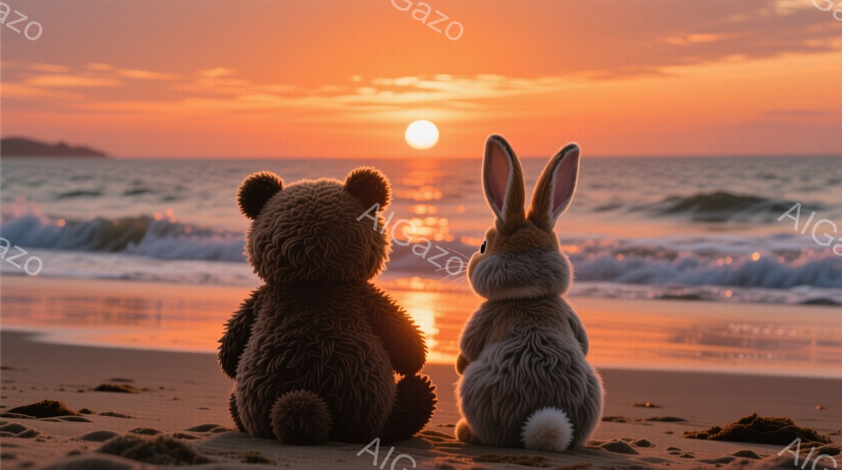 砂浜に座っているテディベアとウサギのぬいぐるみです。夕焼けの光が二つのシルエットを照らし、穏やかで温かい雰囲気を醸し出しています。背景には穏やかな波が打ち寄せ、太陽が沈みゆく美しい光景が広がっています。
