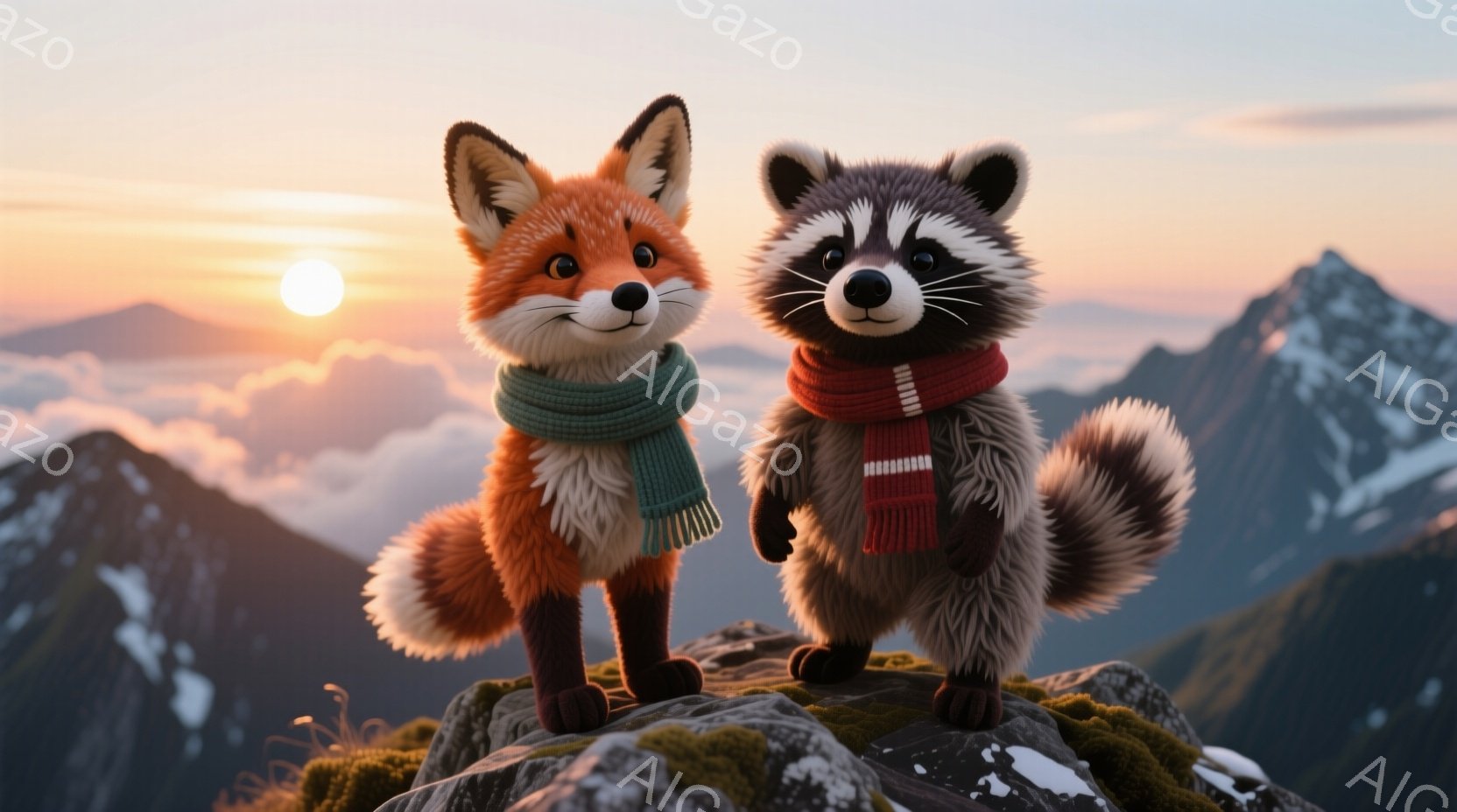 明るいオレンジ色の毛並みを持つキツネと、特徴的なマスク模様のタヌキが、苔むした岩の上に並んで立っている。キツネは緑色のマフラーを巻き、タヌキは赤い縞模様のマフラーを巻いており、どちらも前方を向いて穏やかな表情を浮かべている。背景には、雲海に浮かぶ山々が広がり、夕焼けが空をオレンジとピンク色に染めている。