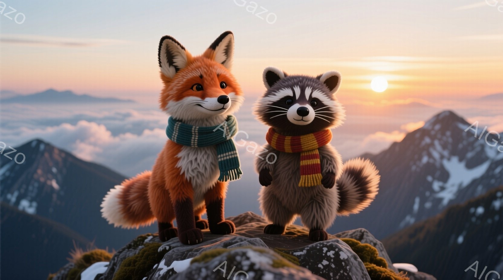 鮮やかなオレンジ色のキツネと、縞模様のセーターを着たアライグマが、苔むした岩の上に立っている。背景には、夕焼けに照らされた山々が広がり、雲海が広がっている。全体的に暖かく、穏やかな雰囲気で、二匹の動物はどこか誇らしげな表情を浮かべている。