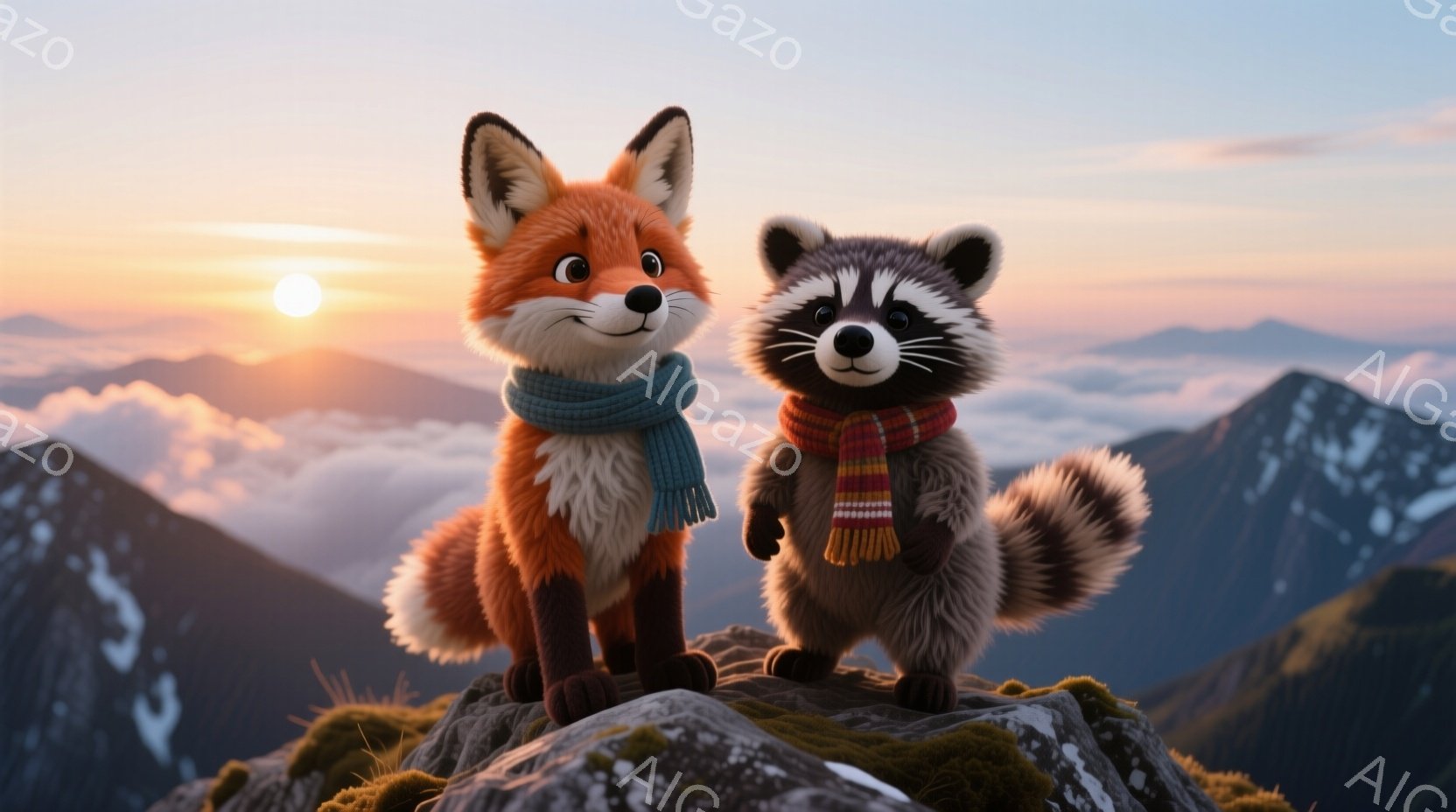 オレンジ色の毛並みのキツネと、灰色の毛並みのタヌキが岩の上に並んで立っています。キツネは水色のマフラーを、タヌキはカラフルな赤いマフラーを巻いており、どちらも正面を見て穏やかな表情をしています。背景には雲海と山々が広がり、夕焼け空が暖かく、平和な雰囲気を醸し出しています。