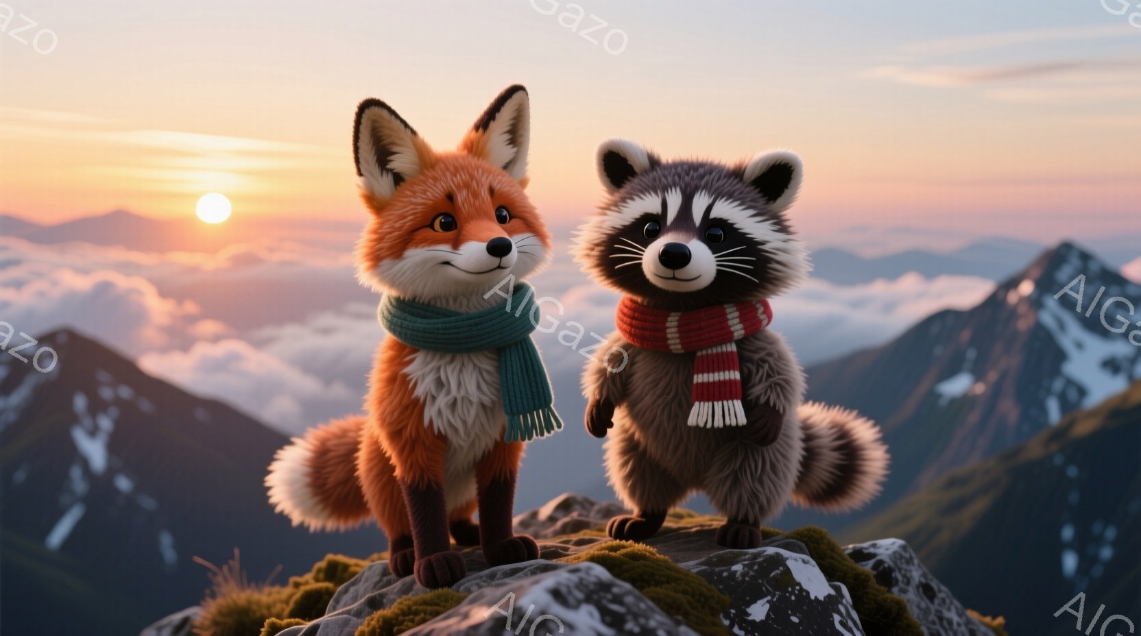 明るいオレンジ色のキツネと、特徴的なマスク模様のタヌキが、苔むした岩の頂上に並んで立っている。キツネは緑色のマフラーを、タヌキは赤と白の縞模様のマフラーを巻いている。背景には、雲海に浮かぶ山々が広がり、夕焼け空が暖かく幻想的な雰囲気を醸し出している。