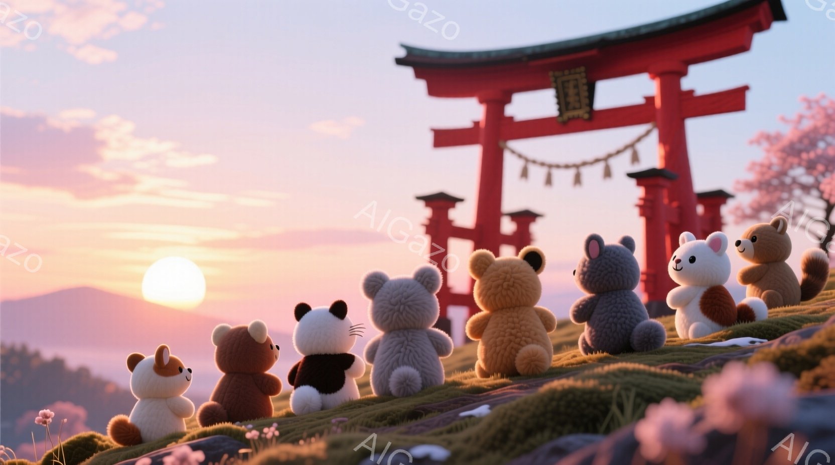 鮮やかな夕焼けを背景に、可愛らしい動物のぬいぐるみたちが丘の上に並んでいます。赤い鳥居が背景にそびえ立ち、ピンク色の桜の花びらが舞い散る春の風景です。ぬいぐるみたちは皆、鳥居の方を向いて座っており、穏 - AI生成フリー素材