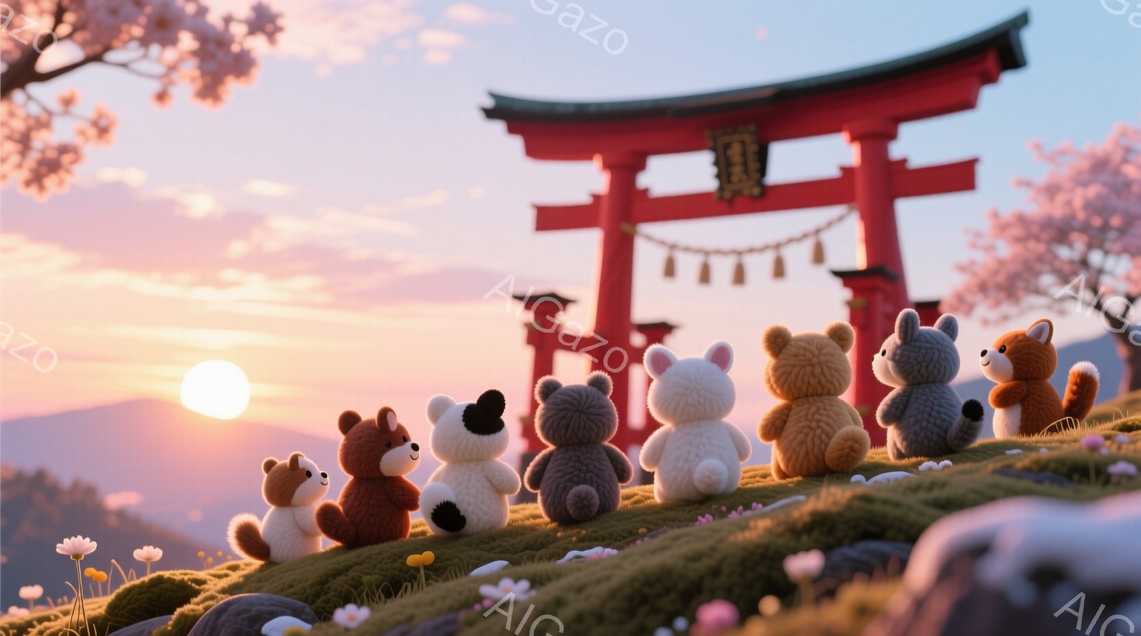 丘の上に、様々な色のふわふわとしたクマのぬいぐるみが一列に並んでいます。背景には、夕焼けに照らされた赤い鳥居と、桜の木、そして遠くの山々が見えます。暖かく、穏やかで、夢のような雰囲気が漂っています。
