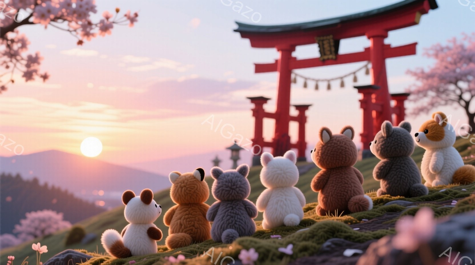 丘の上に、ふわふわした動物のぬいぐるみたちが一列に並んで座っており、皆夕焼けを眺めている。背景には鮮やかな朱色の鳥居と、霞んだ山々、そして空には夕焼けが広がり、穏やかで幻想的な雰囲気を醸し出している。 - AI生成フリー素材