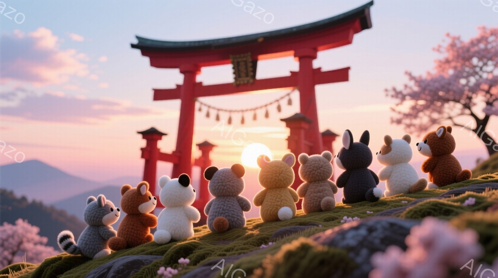 鮮やかな朱色の鳥居が、夕焼けに照らされた山並みを背景にそびえ立っています。鳥居の前に、様々な動物を模した手編みのぬいぐるみたちが一列に並び、夕日を眺めています。全体的に暖かく、穏やかな雰囲気が漂い、春 - AI生成フリー素材