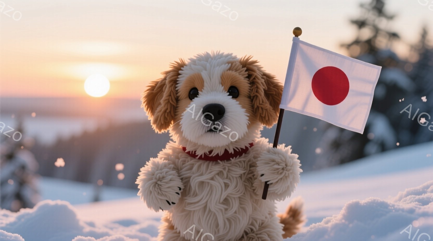 ふわふわのクリーム色の毛並みを持つ子犬のぬいぐるみは、赤い首輪をつけて雪景色の中で立っています。片方の前足で日本の国旗（日の丸）の旗を掲げ、正面を見据えています。背景には夕焼けのオレンジとピンクのグラ - AI生成フリー素材