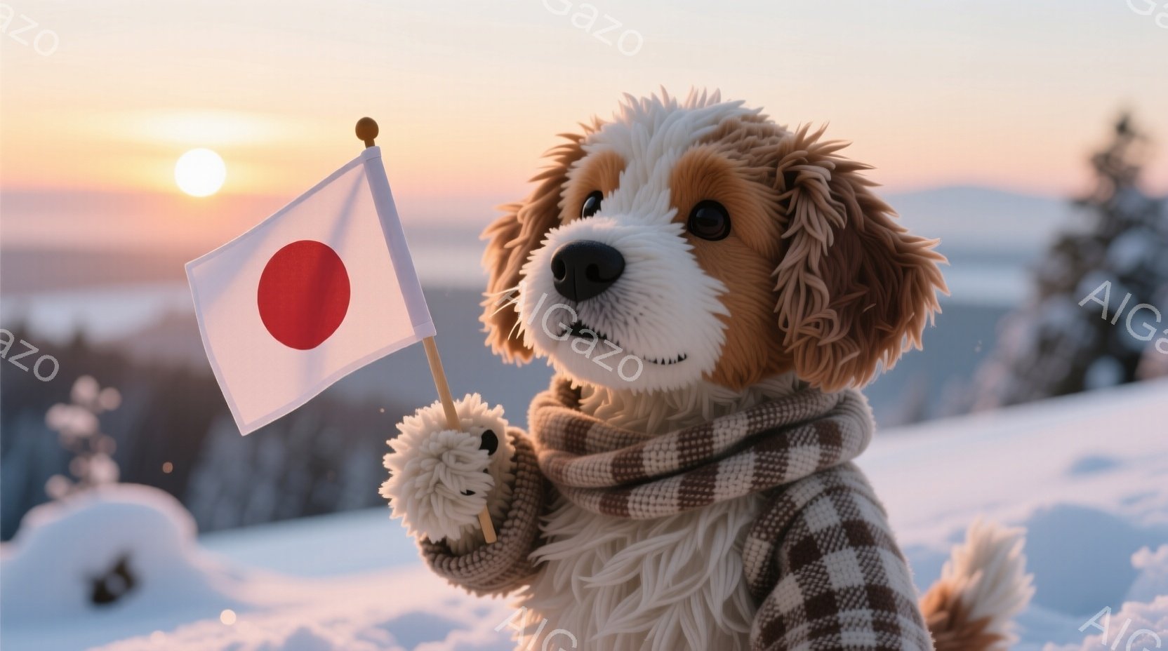 白い雪景色の中に、オレンジと白の毛並みの犬が立っています。犬はチェック柄のセーターと首に巻かれたマフラーを着ており、右手に日本の国旗を掲げています。背景には山々が連なり、夕焼け空が暖かく、冬の穏やかな - AI生成フリー素材