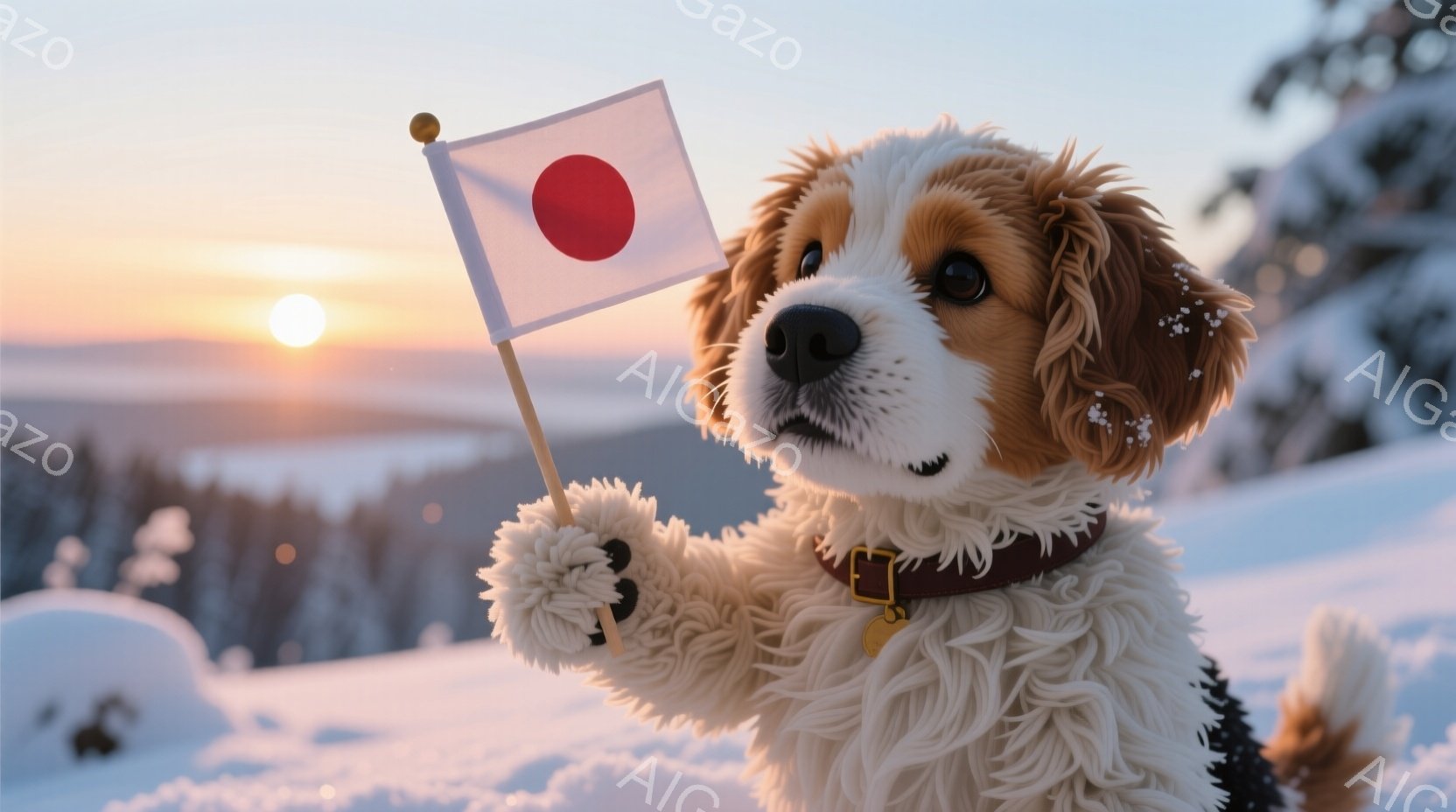 白い雪の上に立つ、茶色と白の毛並みの可愛い犬が、日本の国旗を高く掲げています。犬は赤い首輪を付けており、雪が少し付いた前足で旗を支え、正面を見て明るい表情をしています。背景には、夕焼けに照らされた山々 - AI生成フリー素材