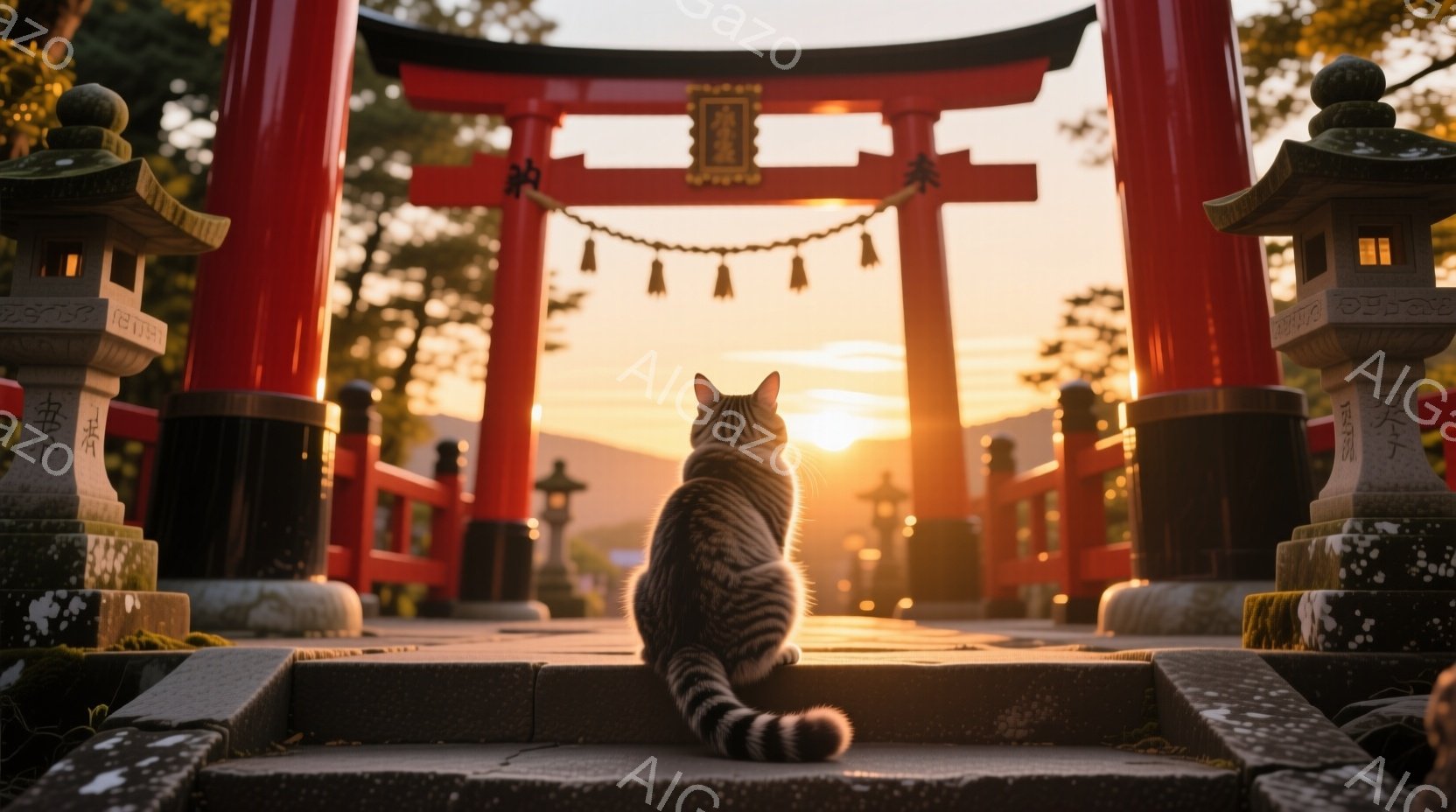 寺の石段に、縞模様の猫が座り、夕日を眺めています。朱色の鳥居と石灯籠が猫を囲み、その背景には黄金色に輝く空が広がっています。全体的に穏やかで、静寂に包まれた神聖な雰囲気が漂っています。 - AI生成フリー素材