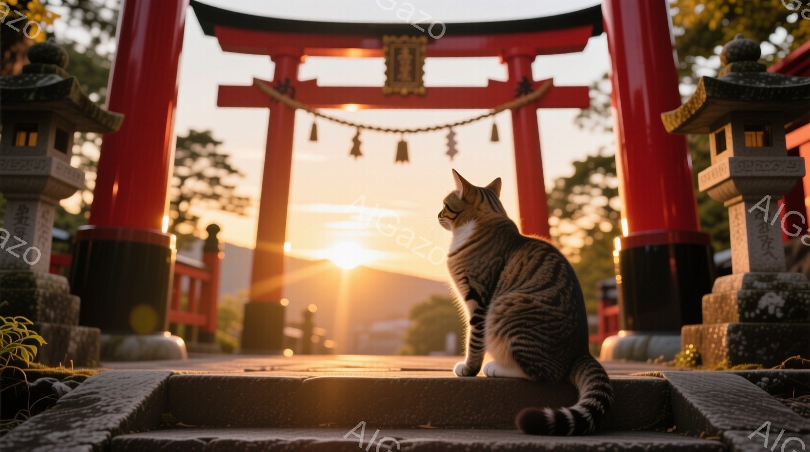 鮮やかな朱色の鳥居が夕日に照らされ、その一段目に縞模様の猫が座っている。猫は後ろを振り向き、どこか物憂げな表情を浮かべているようで、周囲の静寂と夕焼けの暖かさが猫の姿をより一層引き立てている。背景には緑豊かな木々が見え、穏やかな祈りの雰囲気が漂う。