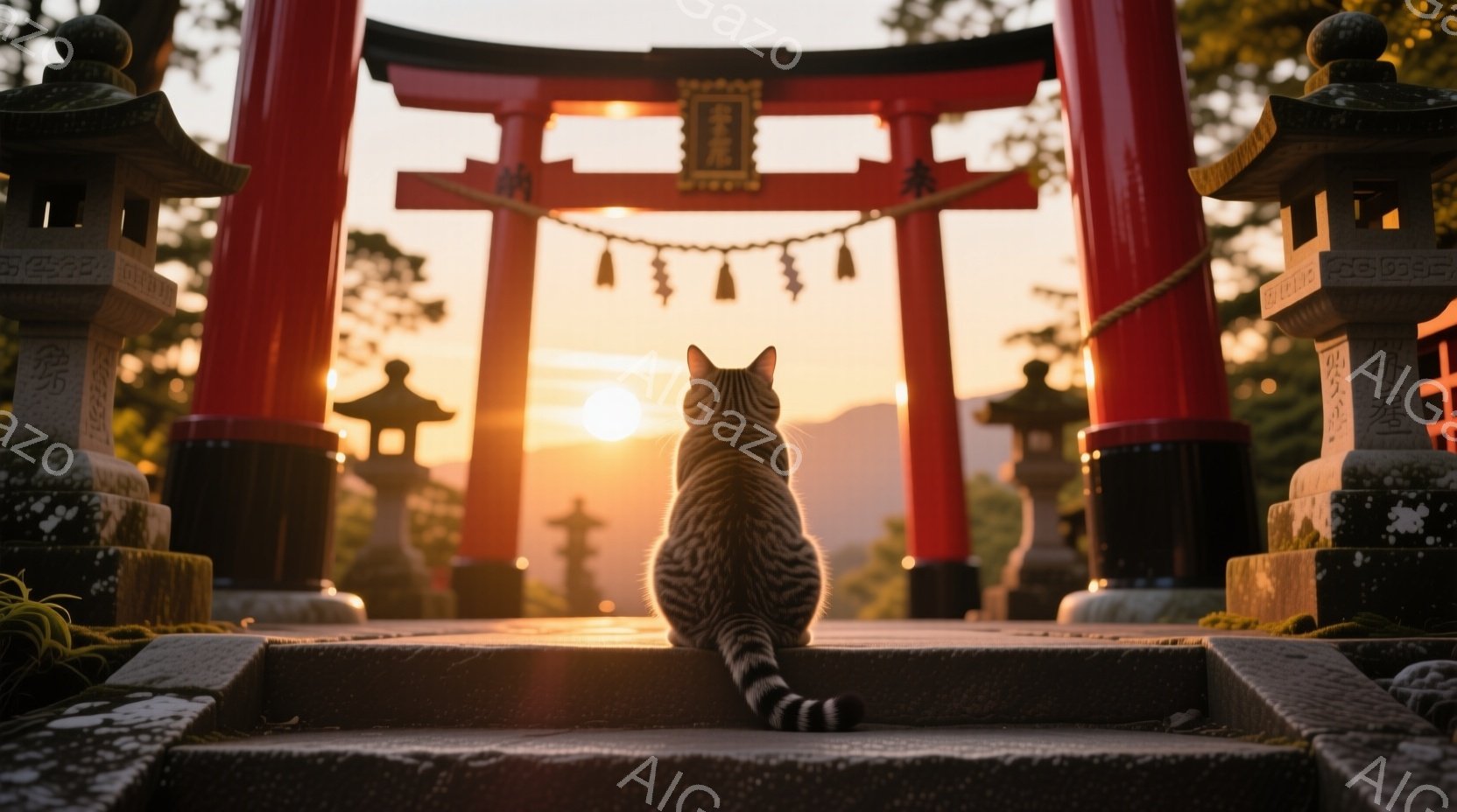 縞模様の猫が、朱色の鳥居の石段に背を向け座っている。夕暮れ時の太陽が鳥居の隙間から差し込み、幻想的な光景を作り出している。背景には緑豊かな木々が見え、厳かで静寂な雰囲気が漂っている。