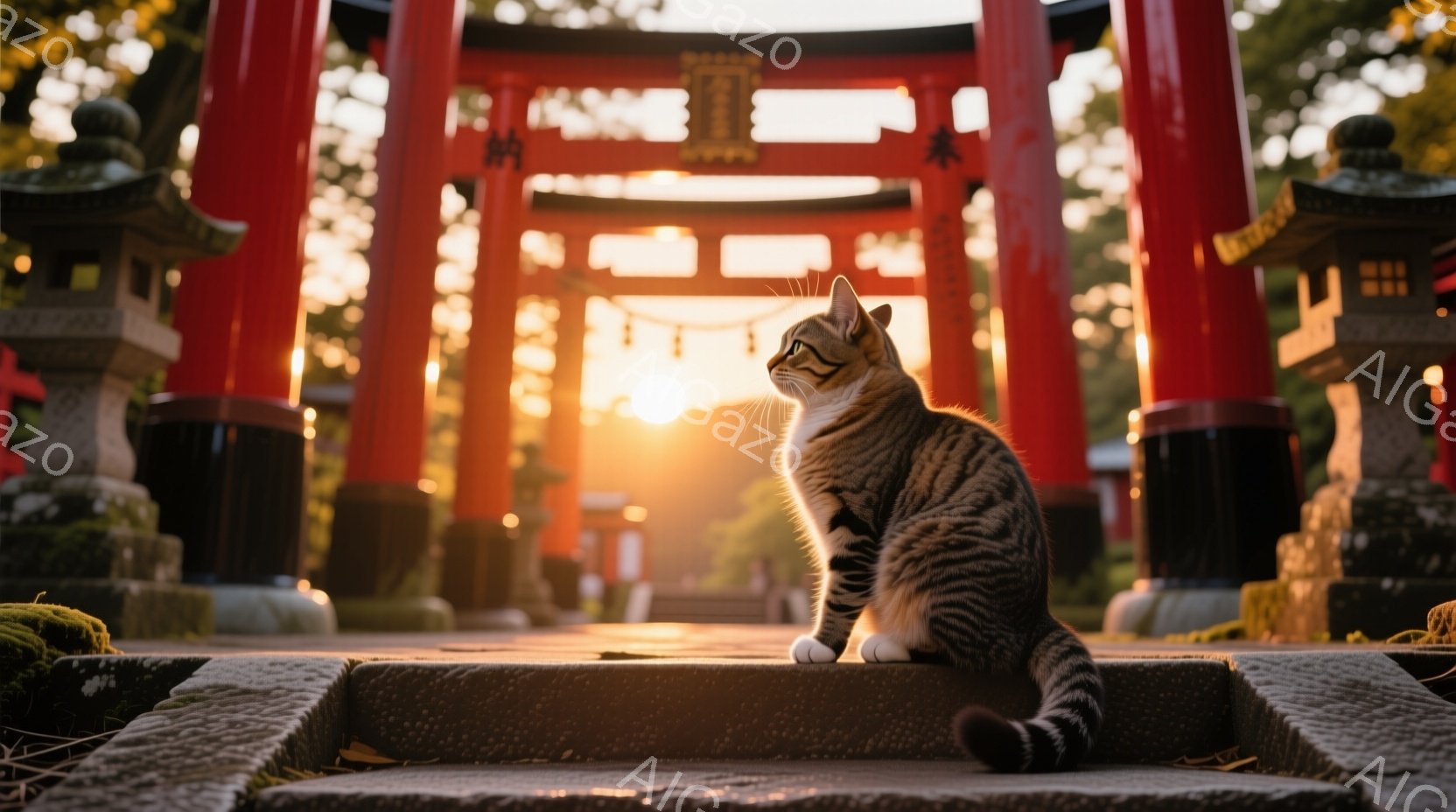 縞模様の猫が、石段に座って遠くを見つめている。背景には赤い鳥居と石灯籠があり、夕焼けの光が差し込み、穏やかで神秘的な雰囲気を醸し出している。猫の毛並みや石段の質感が細かく描写されており、温かい光に照らされた猫の姿が印象的である。