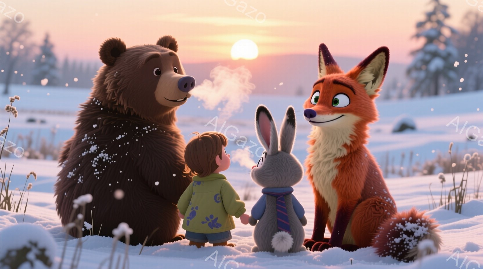 雪景色の中でクマ、キツネ、少年が描かれています。少年は黄緑色の長袖シャツに水色のズボンを着用し、背中を向けてキツネとクマを見上げています。背景には雪に覆われた木々と、夕焼けのような空が広がっており、温 - AI生成フリー素材