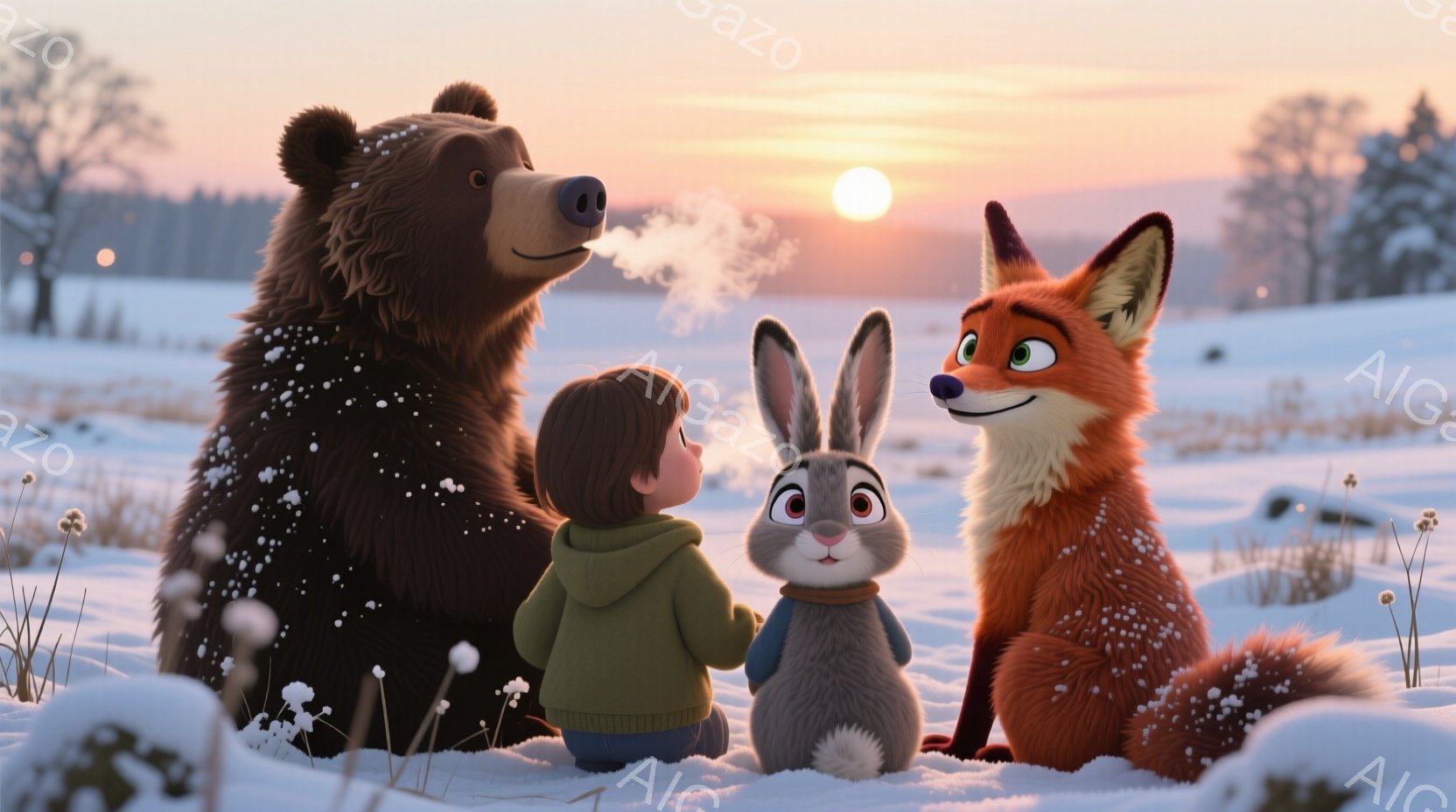 雪景色の中で、少年、クマ、ウサギ、キツネが円を描くように座っている。少年は緑色のパーカーを着ており、後ろを向いてクマと話している様子で、クマは息を吐いて白い蒸気を上げている。背景には雪に覆われた木々と、夕焼けのようなオレンジ色の空が広がり、穏やかで温かい雰囲気を醸し出している。