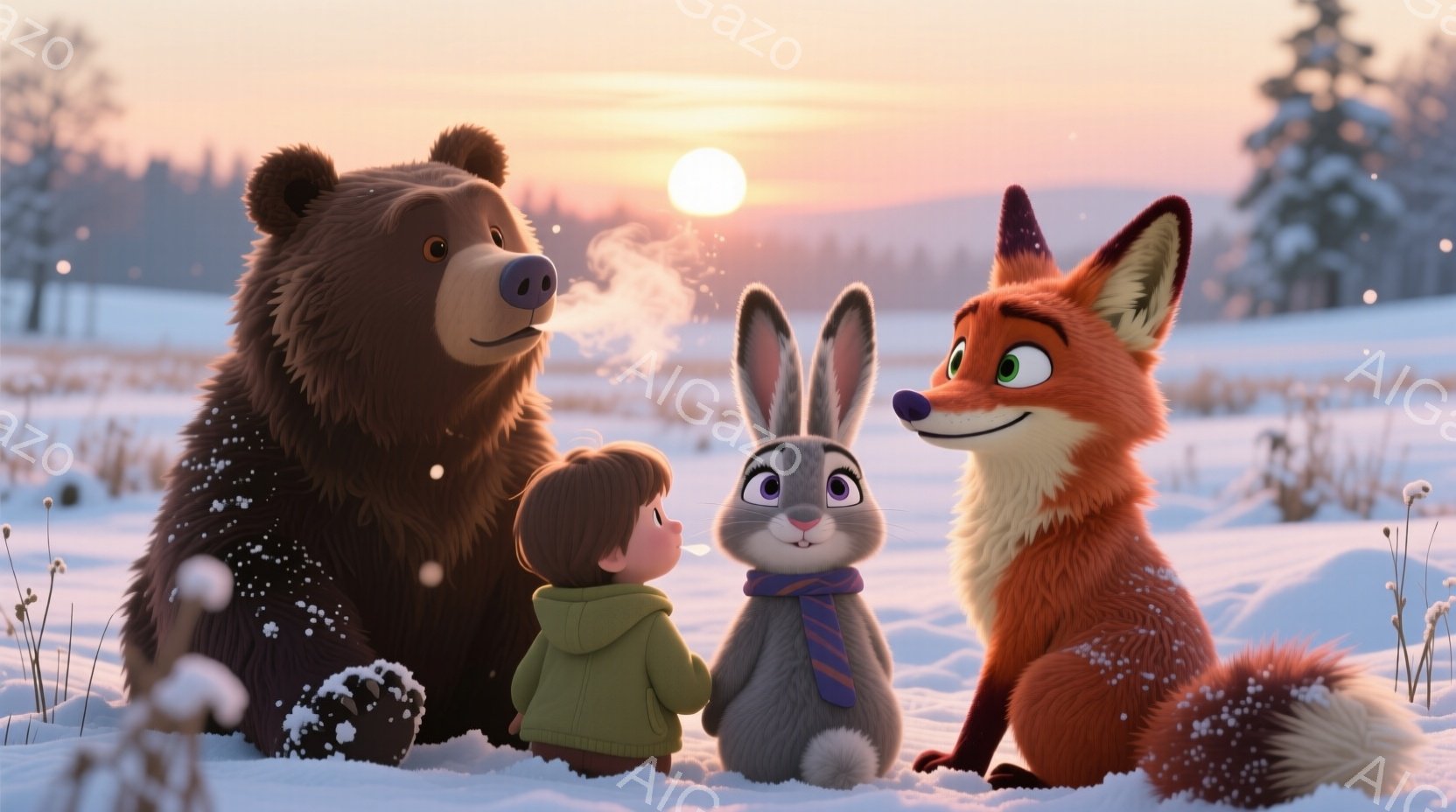 雪景色の中で、大きなクマ、少年、ウサギ、そしてキツネが寄り添って座っています。少年は緑色のパーカーを着ており、ウサギは青いマフラーを巻いています。背景には雪に覆われた森と、夕焼けのような暖かい光が広がっており、穏やかで温かい雰囲気が漂っています。