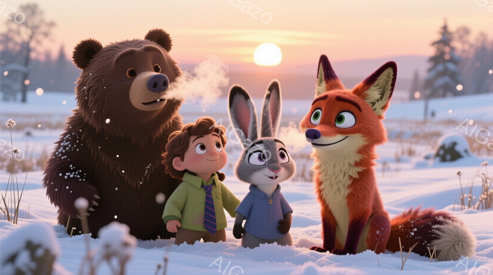 広大な雪景色の中に、少年、クマ、キツネが並んで立っている。少年は緑色のセーターにネクタイを締め、明るい表情を浮かべている。背景には、雪に覆われた草地と遠くの木々、そして夕焼けのような空が広がり、全体的 - AI生成フリー素材