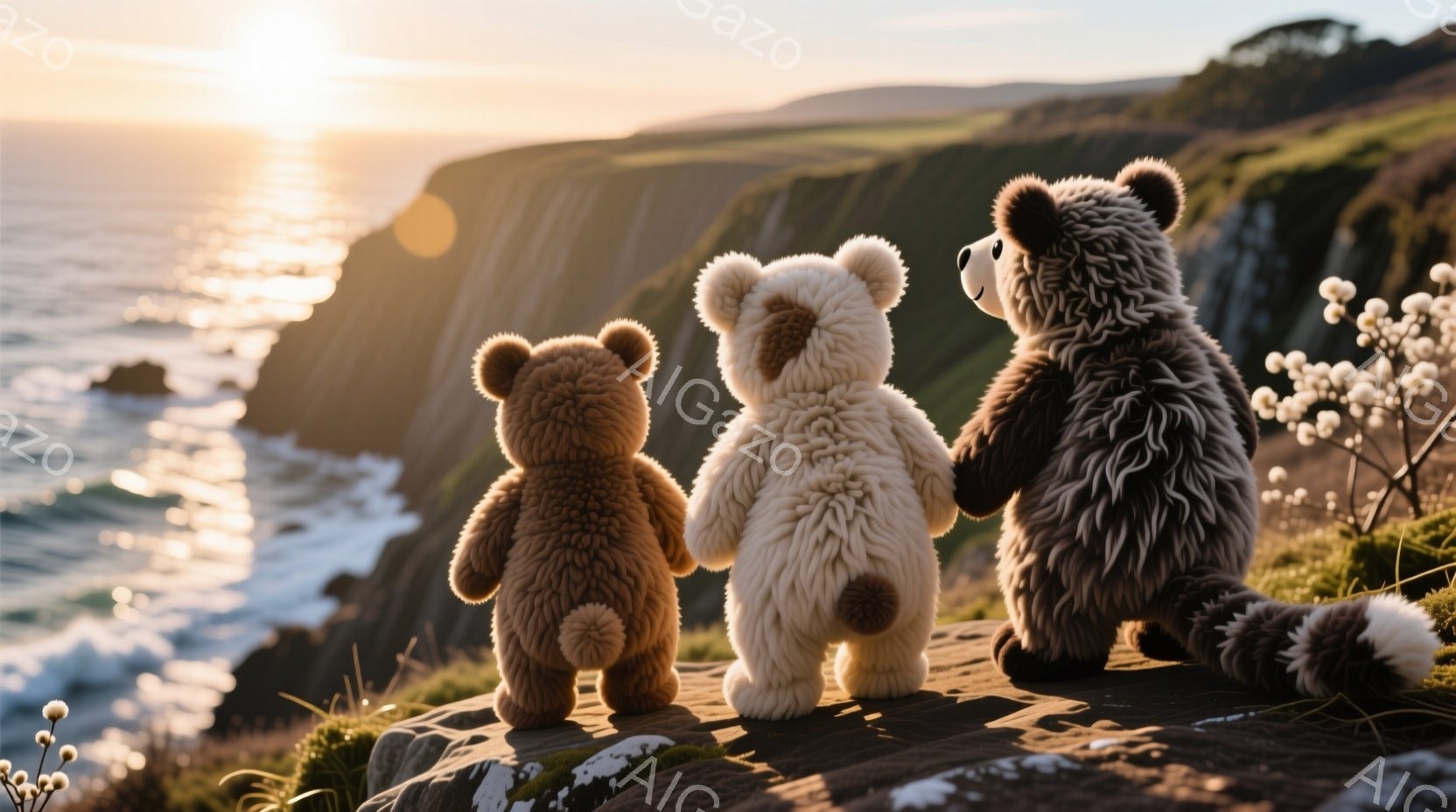 崖の上に三匹のテディベアが並んで座っており、それぞれ茶色、白、そして灰色の毛並みをしている。背景には、波が打ち寄せ、夕焼けの光が海面を照らし、暖かく穏やかな雰囲気を醸し出している。テディベアたちは背を向け、海に向かって座っており、崖の上には小さな白い花が咲いている。