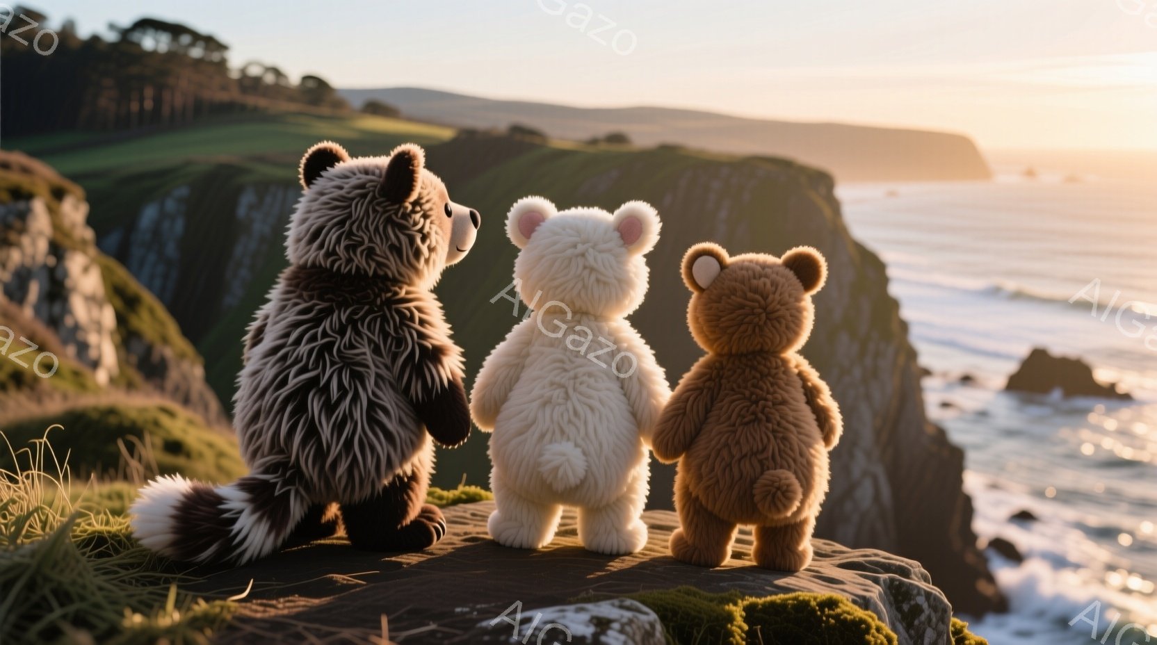 崖の上に並んで立つ3匹のテディベアが写っています。一番左は黒と茶色のまだら模様、真ん中は白、一番右は茶色のベアで、それぞれ背を向けた状態で海を眺めています。背景には青い海、白い波、緑の崖、そして夕焼け空が広がり、穏やかで幻想的な雰囲気を醸し出しています。