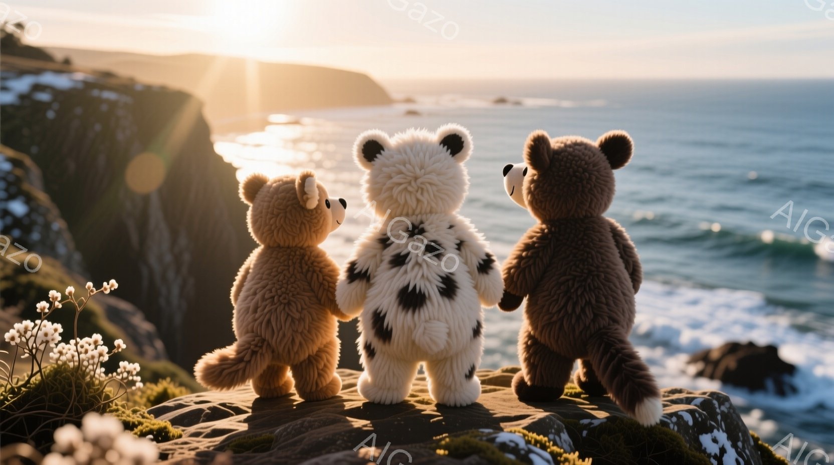 崖の上に三匹のテディベアが並んで立っています。中央のクマは白黒模様で、他の二匹は茶色です。背景には青い海と白い波が広がり、夕日または日の出の光が海面を照らし、暖かく穏やかな雰囲気を醸し出しています。