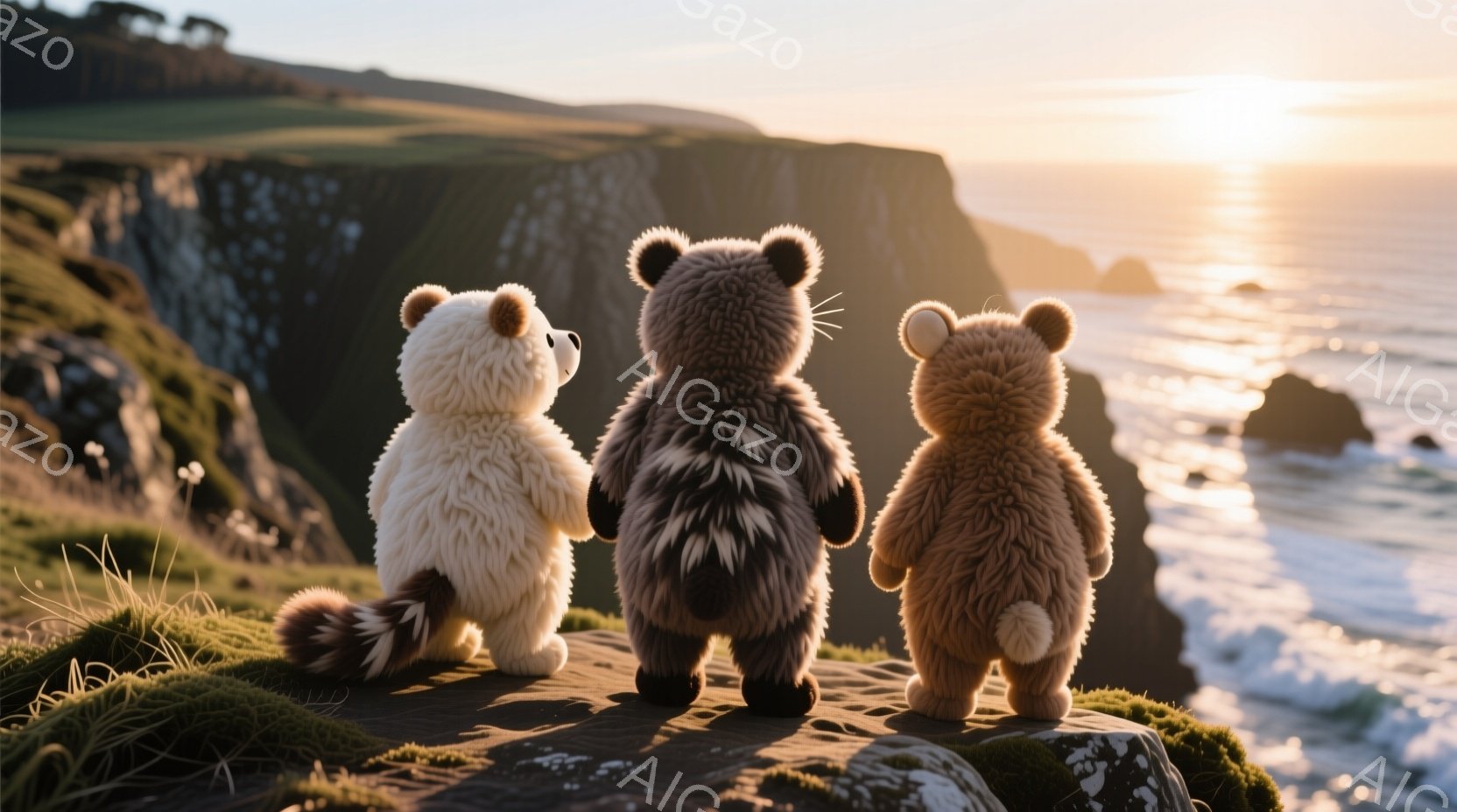 崖の上に並んで立つ、ふわふわとした毛並みの３匹のテディベアが写っている。海は穏やかで、夕日の光が水面を照らし、黄金色に輝いている。崖の背景には緑豊かな草地が広がり、平和で穏やかな雰囲気を醸し出している。