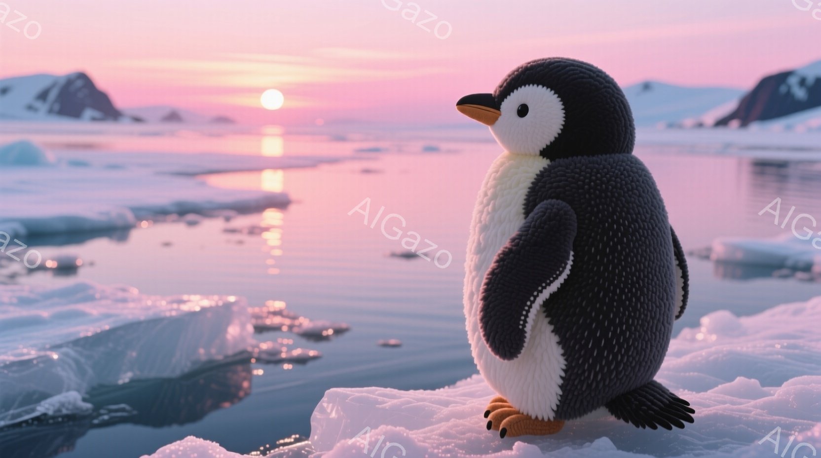 氷の浮島の上に、愛らしいペンギンの雛が立っている。ふわふわとした黒と白の羽毛を持ち、つぶらな瞳とオレンジ色のくちばしが特徴的で、どこか物憂げな表情をしている。背景には、ピンクとオレンジ色がかった夕焼け - AI生成フリー素材