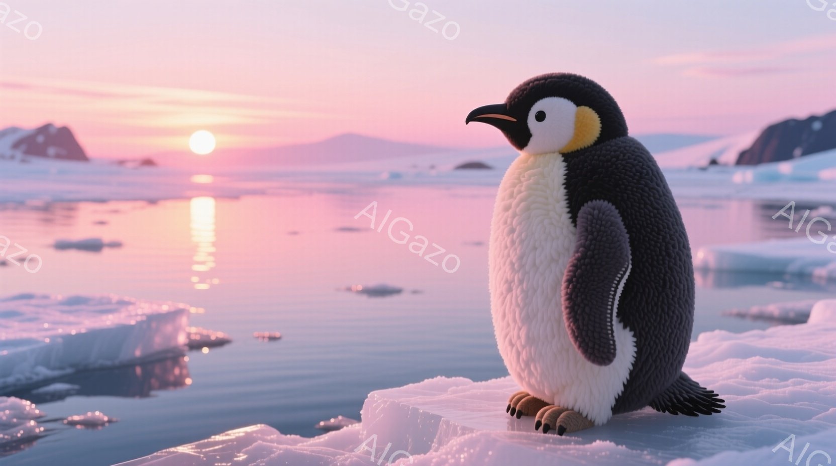 氷の上に立つペンギンのクローズアップです。ペンギンは白と黒の模様を持ち、オレンジ色の足とくちばしが特徴的です。背景には、ピンクとオレンジの美しい夕焼け空と、氷の海が広がり、穏やかで幻想的な雰囲気を醸し - AI生成フリー素材
