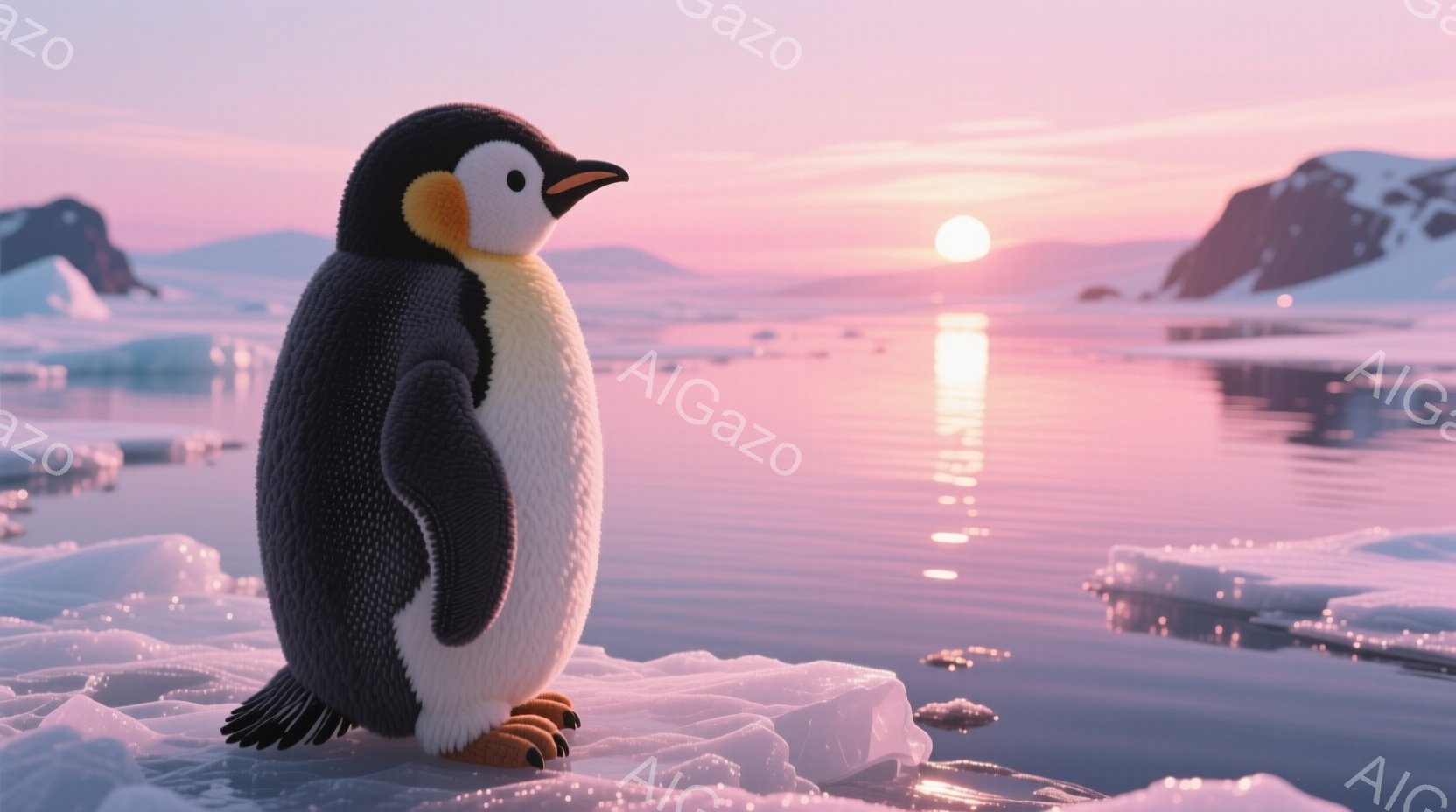 コビトアザラシの雛が氷の塊の上に立っている。その姿は丸みを帯びており、黒と白のコントラストがはっきりとしている。背景には、ピンクとオレンジ色の美しい夕焼けが広がり、氷山や海面が穏やかに輝いている。