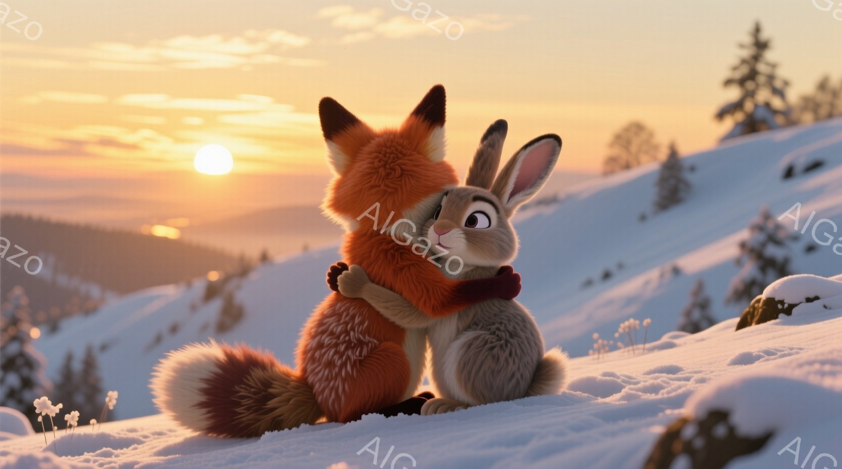 雪景色の中で、キツネとウサギが寄り添って抱き合っています。キツネはオレンジ色のふわふわした毛並みで、ウサギはグレーの毛並みで、どちらも丸くて可愛らしい表情をしています。背景には、夕焼けに照らされた雪山 - AI生成フリー素材