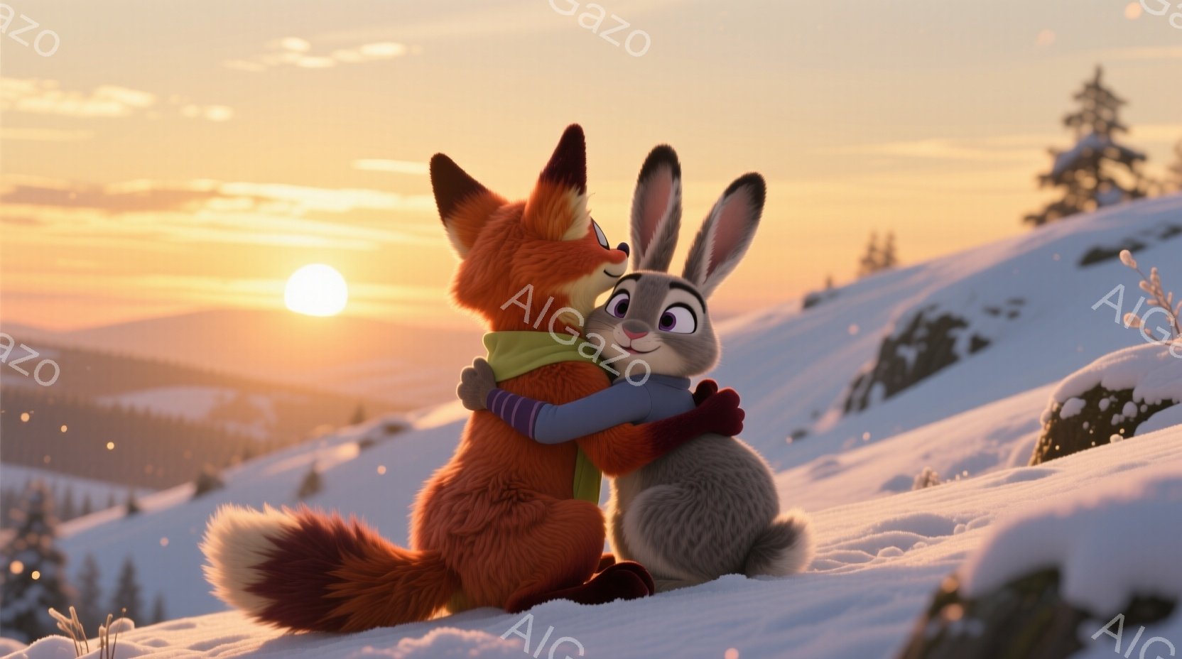 雪景色の中で、キツネとウサギが抱き合っている。キツネはオレンジ色のスカーフを首に巻き、ウサギは水色のセーターを着ている。背景には夕焼けの空と雪に覆われた山々が広がり、温かく穏やかな雰囲気を醸し出してい - AI生成フリー素材