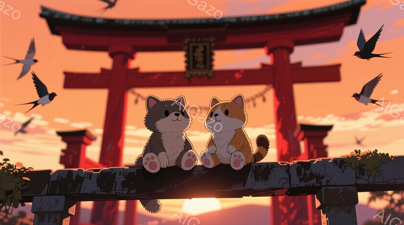 屋根の上に二匹の猫が並んで座っており、一匹は灰色、もう一匹はオレンジ色で、どちらも穏やかな表情をしています。背景には、夕焼け空を背景にした赤い鳥居があり、空には数羽のツバメが飛んでいます。全体的に暖か - AI生成フリー素材