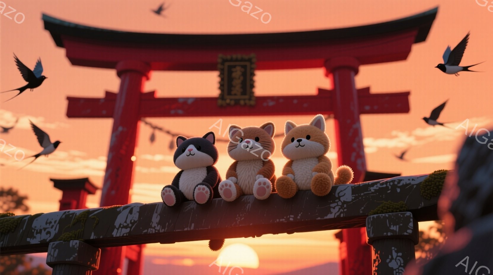 鮮やかな朱色の鳥居を背景に、三匹の愛らしい猫のぬいぐるみが古い木製の柵の上に並んで座っています。オレンジ色と黒色の猫は穏やかな表情を浮かべ、夕焼け空の下でリラックスした雰囲気を醸し出しています。背景には燃えるような夕日と、空を舞うツバメが描かれており、温かく穏やかな情景が広がっています。
