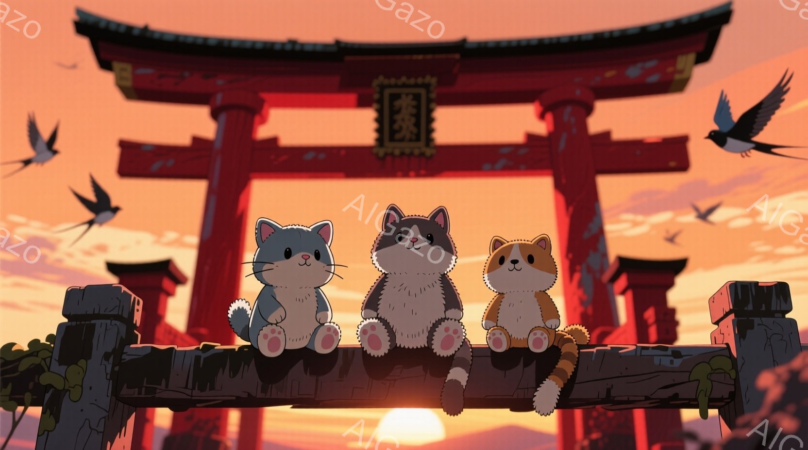 赤い鳥居が夕焼け空を背景にそびえ立ち、その上に三匹の愛らしい猫が並んで座っています。猫たちはそれぞれ白、黒、茶色の毛並みで、穏やかな表情を浮かべており、リラックスした様子です。背景には、緑豊かな植物と、太陽が沈みかけている暖かい空が広がり、静かで平和な雰囲気を醸し出しています。