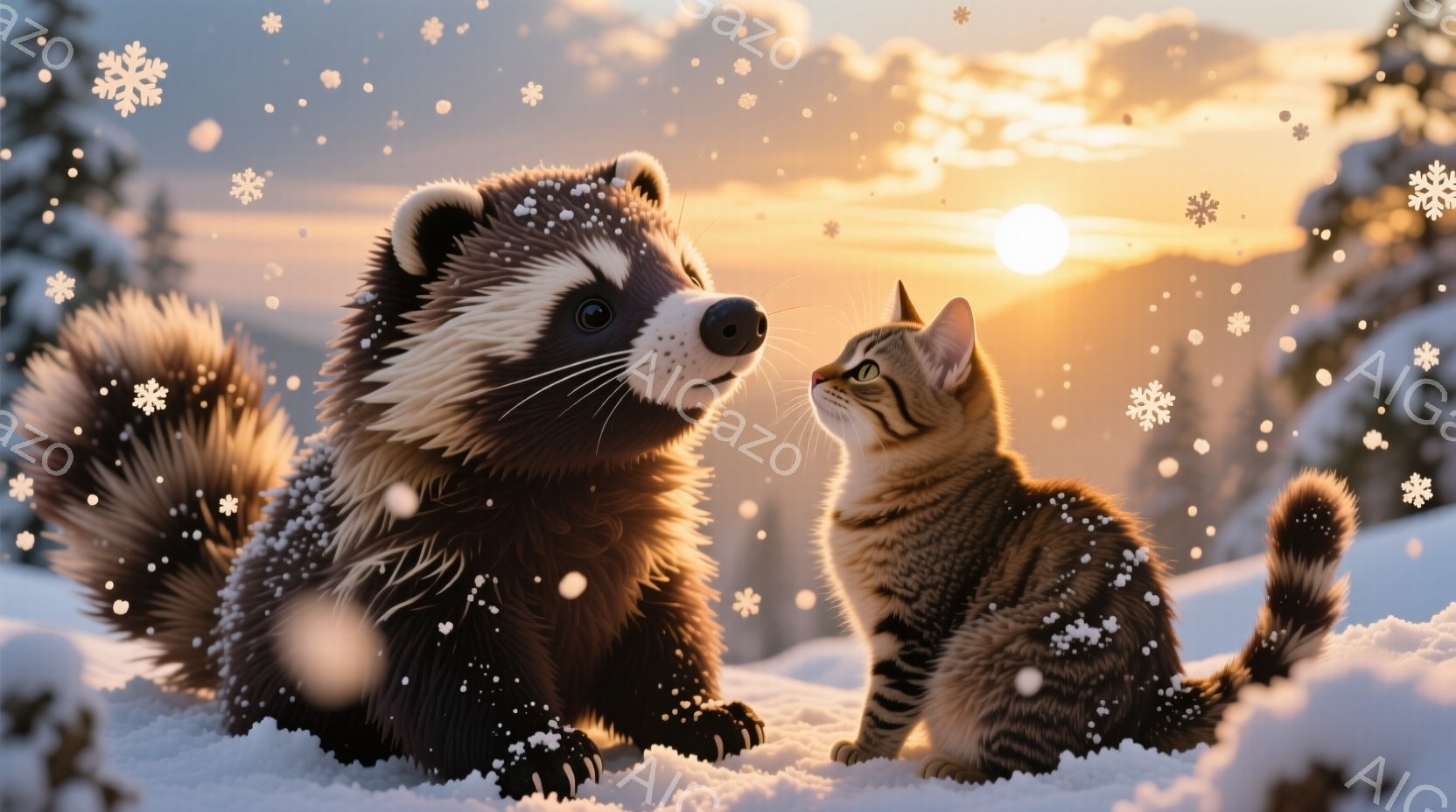 雪景色の中で、アナグマと猫が寄り添って座っています。アナグマは黒と白の縞模様で、猫は茶色の縞模様で、どちらも雪で少し覆われています。背景には太陽が沈み、雪が舞う冬の森が広がっています。
