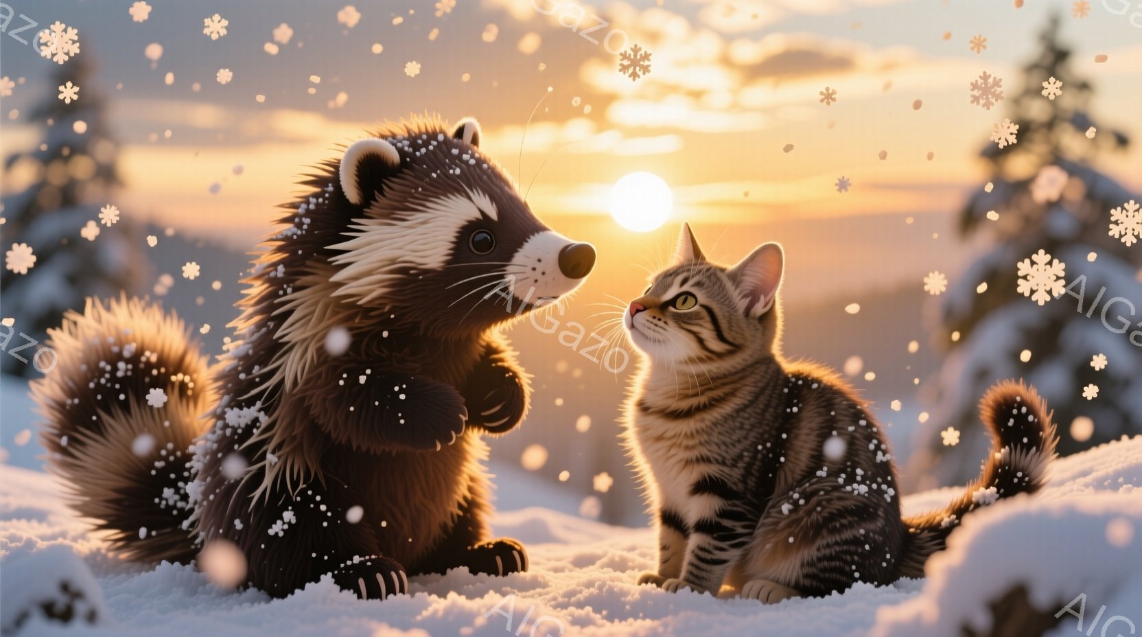 雪景色の中で、毛並みの美しいアナグマと縞模様の猫が向き合って座っています。アナグマは前足を組み、優しい表情で猫を見つめており、猫もまたアナグマを見上げ、好奇心に満ちた様子です。背景には、夕焼けに照らされた雪の積もった木々と、暖かく穏やかな冬の雰囲気が広がっています。