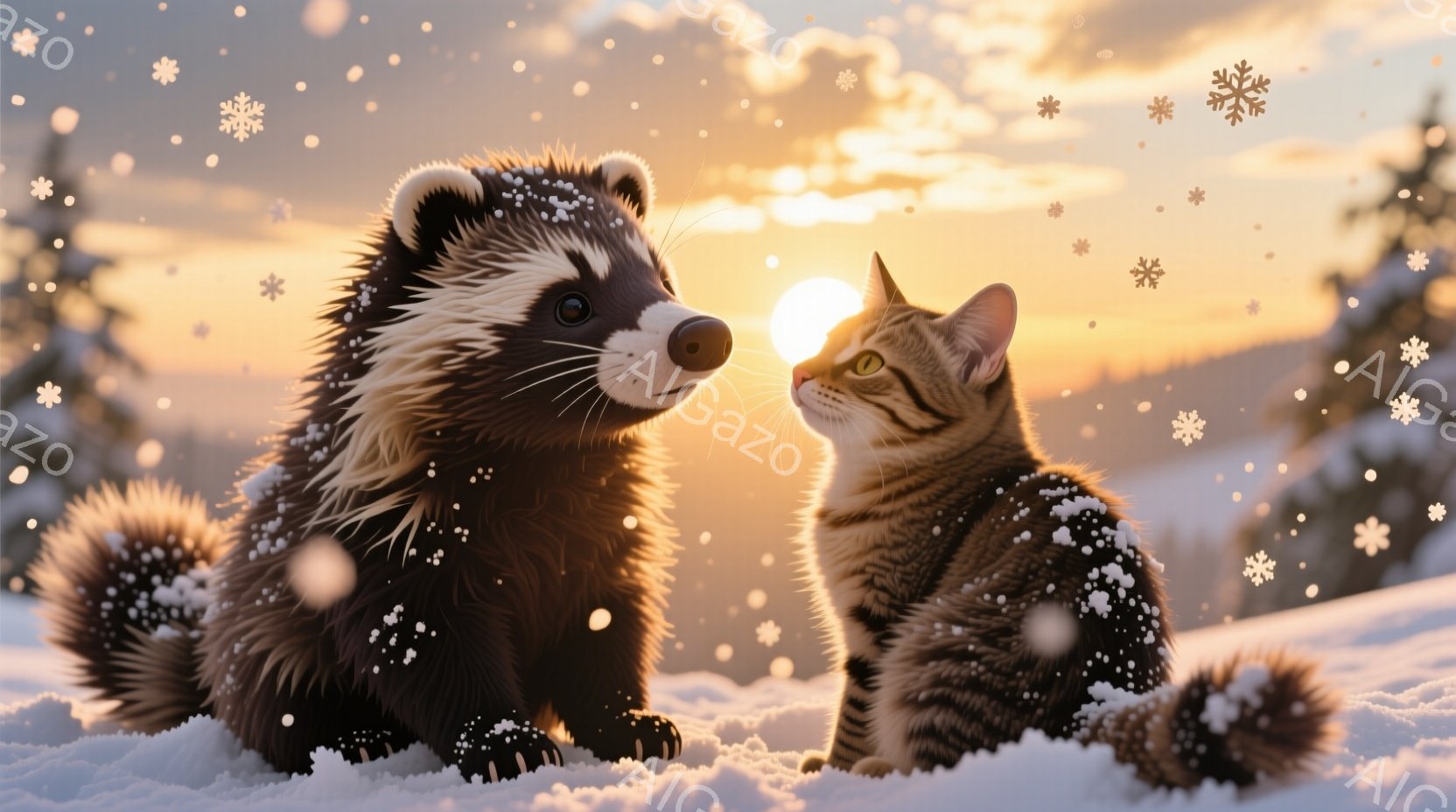 雪景色の中で、イタチと猫が互いを見つめ合っています。二匹とも雪で覆われた地面に座り、暖かな夕日の光を浴びています。背景には雪に覆われた木々と山々が広がり、冬の穏やかな雰囲気を醸し出しています。