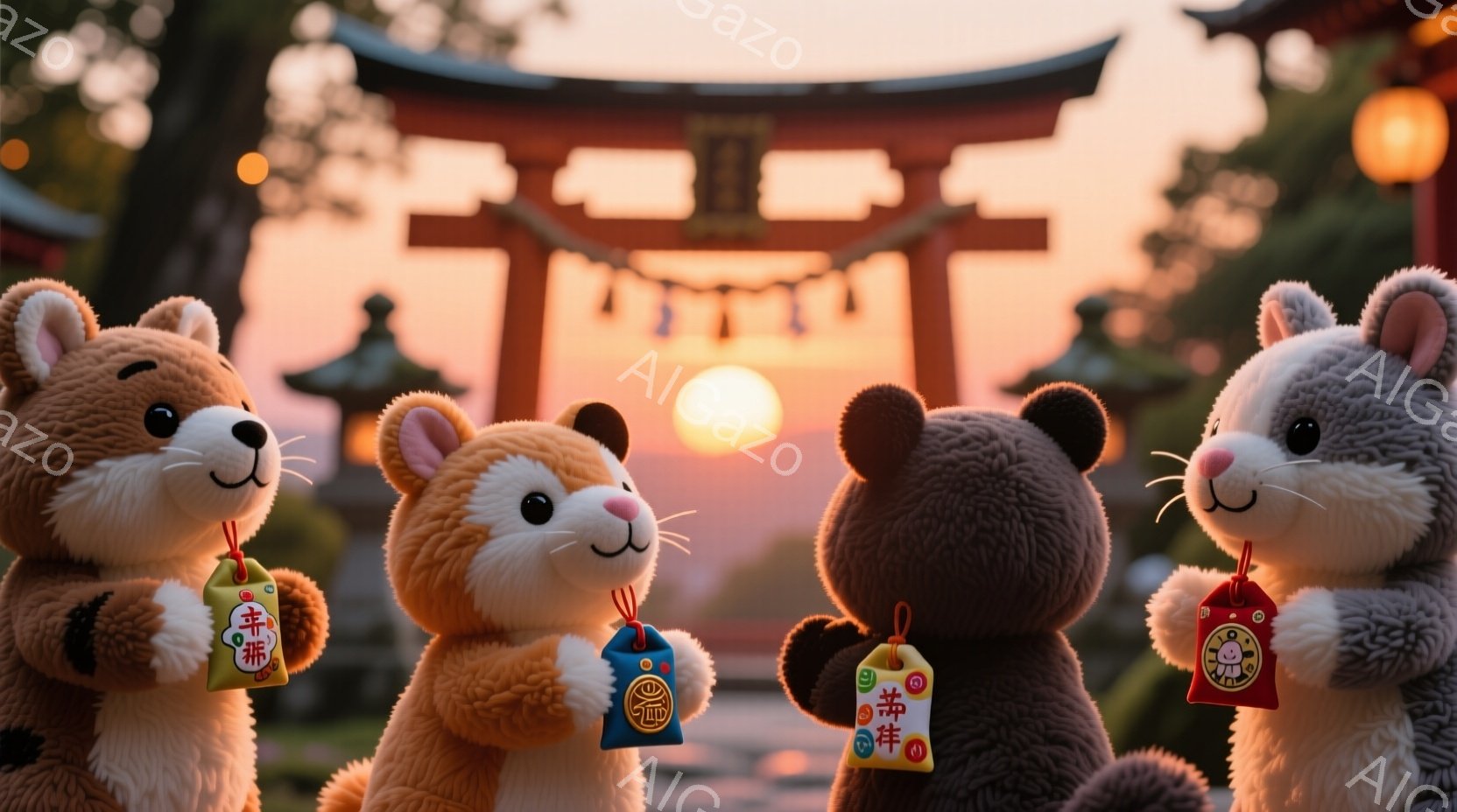 提灯と鳥居のある神社を背景に、可愛らしい犬のぬいぐるみが四匹並んで立っています。それぞれの犬は異なる毛色で、首には「御守」と書かれた提灯型の飾りを下げています。夕焼け空と緑豊かな背景が、暖かく穏やかな - AI生成フリー素材