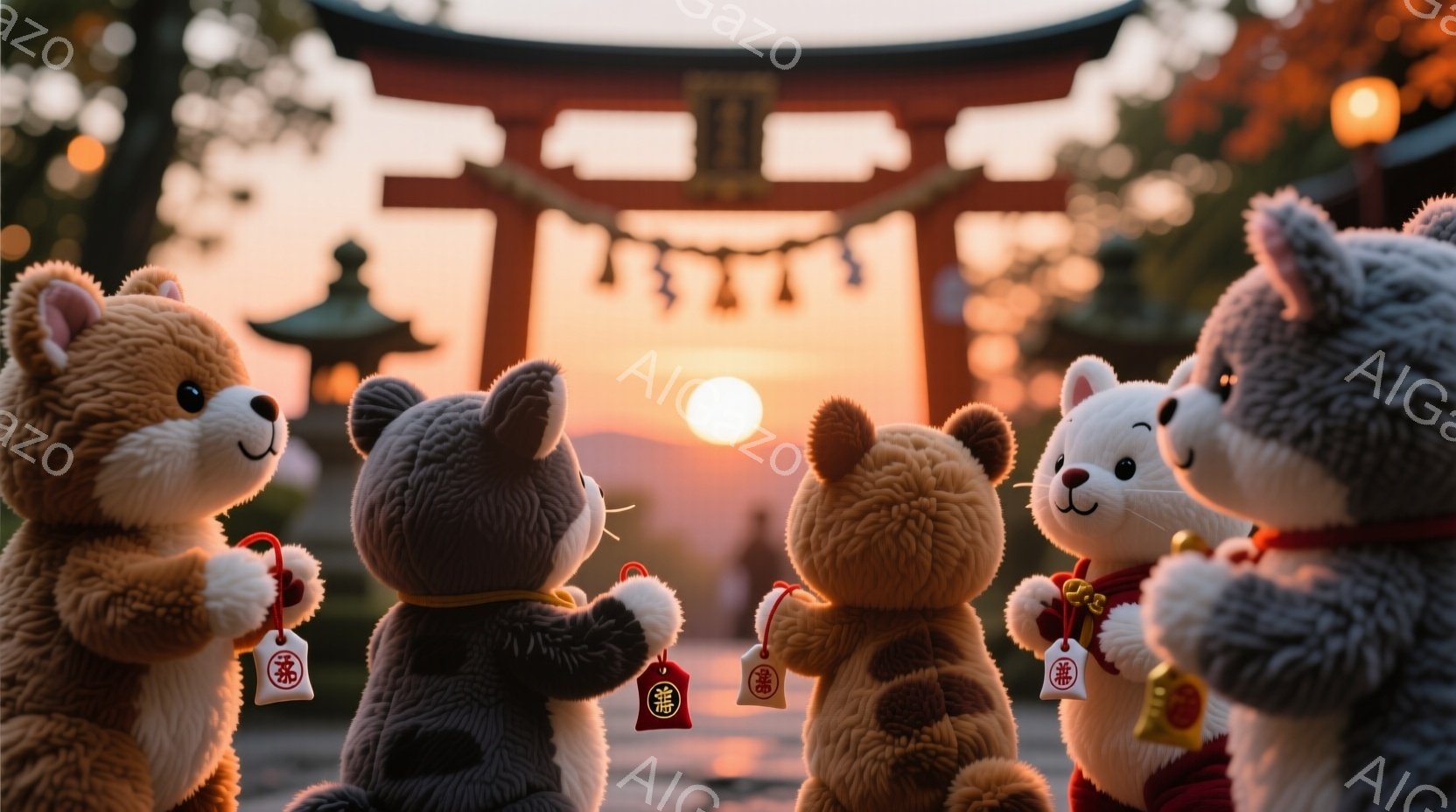 四匹の愛らしいぬいぐるみが、鮮やかな朱色の鳥居を背景に並んで立っています。それぞれ首に赤い紐と小さな鈴をつけ、まるで参拝客のように見えます。背景には夕焼けが広がり、鳥居を照らし出し、穏やかで神秘的な雰囲気を醸し出しています。