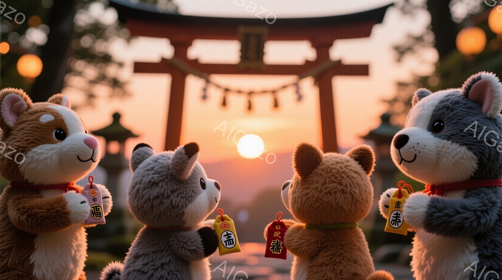 四匹の可愛いぬいぐるみの犬が、鳥居の前に並んで立っています。それぞれ首に赤い提灯型の飾りをつけており、顔は笑顔で、前足を少し上げています。背景には夕焼けが広がり、オレンジ色の光が鳥居と犬たちを照らし、 - AI生成フリー素材