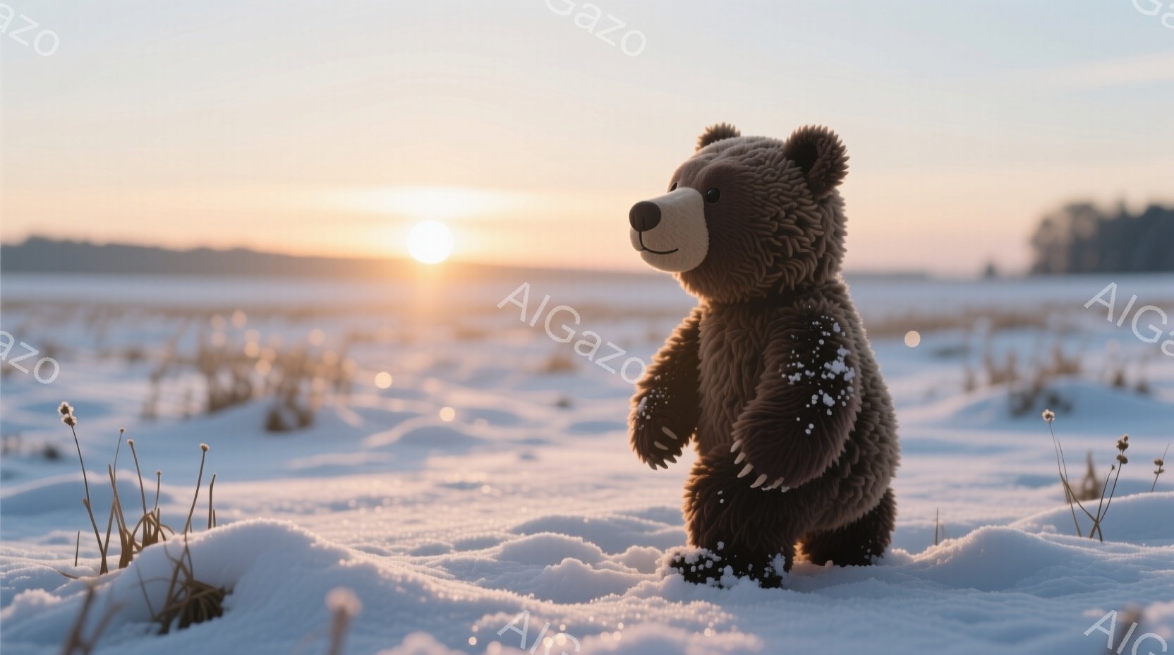 白い雪景色の中に、ふわふわの茶色のテディベアが立っている。雪の上に軽く足を踏み入れ、少し前かがみの姿勢で、暖かな夕焼け空を背景に、冬の穏やかな雰囲気が漂っている。周囲には、雪から顔を出す枯れた草が点在し、静寂な冬の風景を強調している。