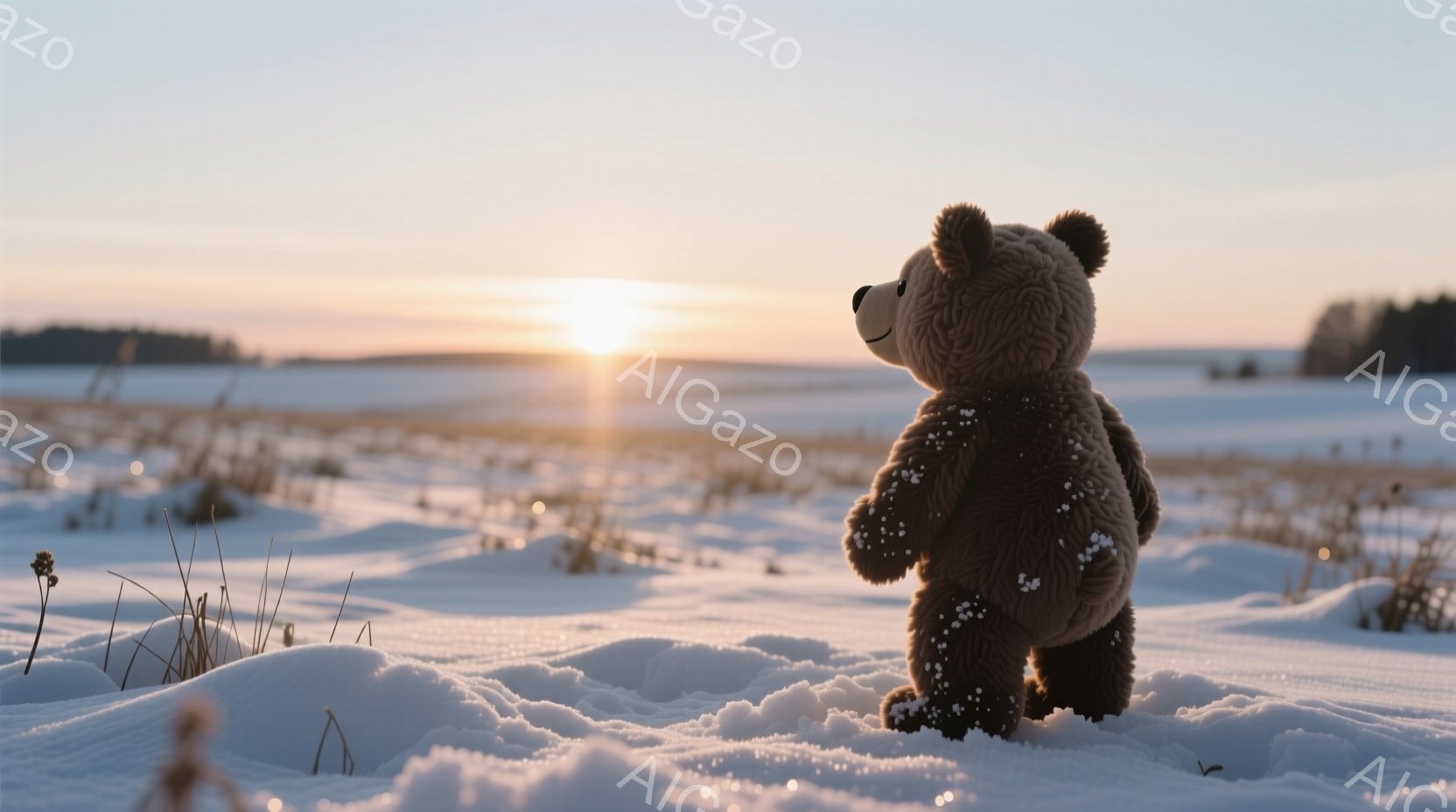 茶色のテディベアが雪原に立っている。背景には、地平線に沈む夕日と、遠くに見える木々が広がっており、雪景色と夕焼けの暖かさが対照的である。ベアは背を向けており、静寂と平和な雰囲気が漂う。