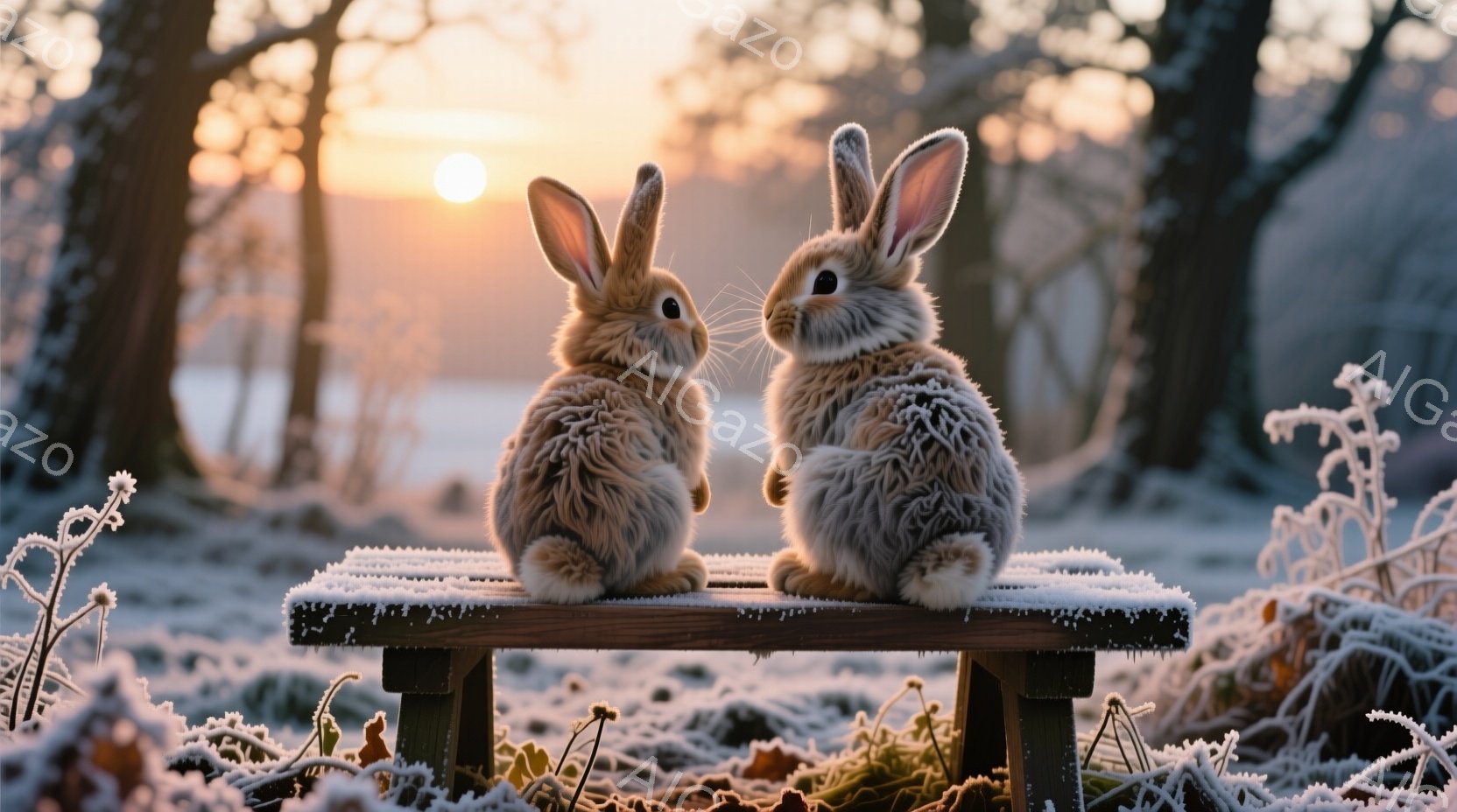 霜で覆われた草の上に置かれた小さな木製の台に、毛並みの美しい2羽のウサギが寄り添って座っています。背景は霧のかかった冬の森で、日の出または日没の柔らかな光が差し込み、全体的に穏やかで幻想的な雰囲気を醸し出しています。ウサギたちは互いに背を寄せ合い、静かに景色を眺めているようです。