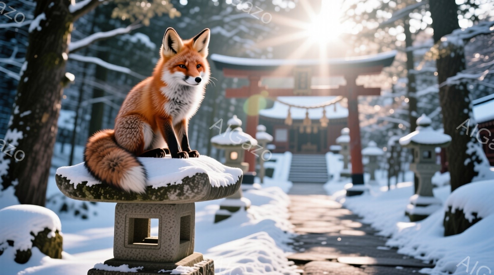 雪化粧された石灯籠の上に、毛並みの美しい狐が座っている。背景には鮮やかな朱色の神社の建物と雪に覆われた参道が広がり、冬の静寂と神聖な雰囲気を醸し出している。光は木々の間から差し込み、狐と雪景色を照らし、幻想的な光景を作り出している。